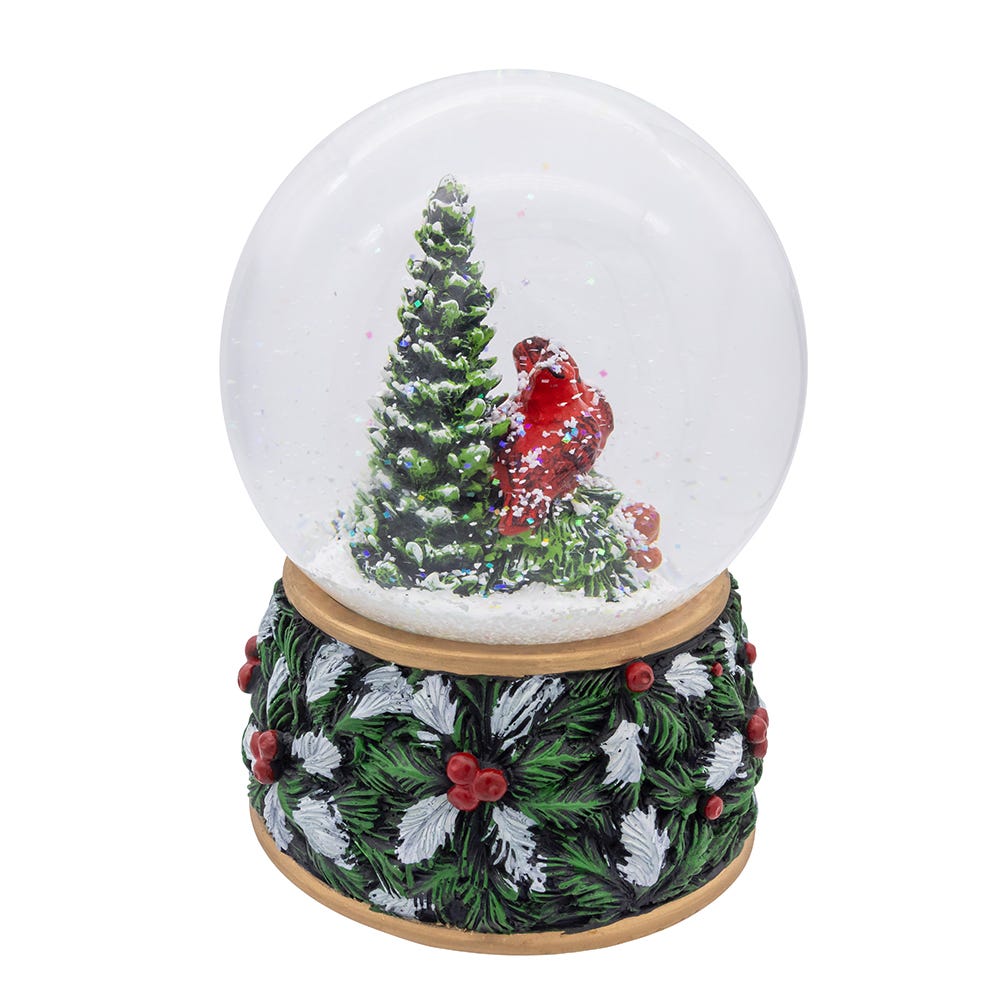 Kurt Adler 100mm Musical Wind-Up Christmas Tree with Cardinals Water Globe