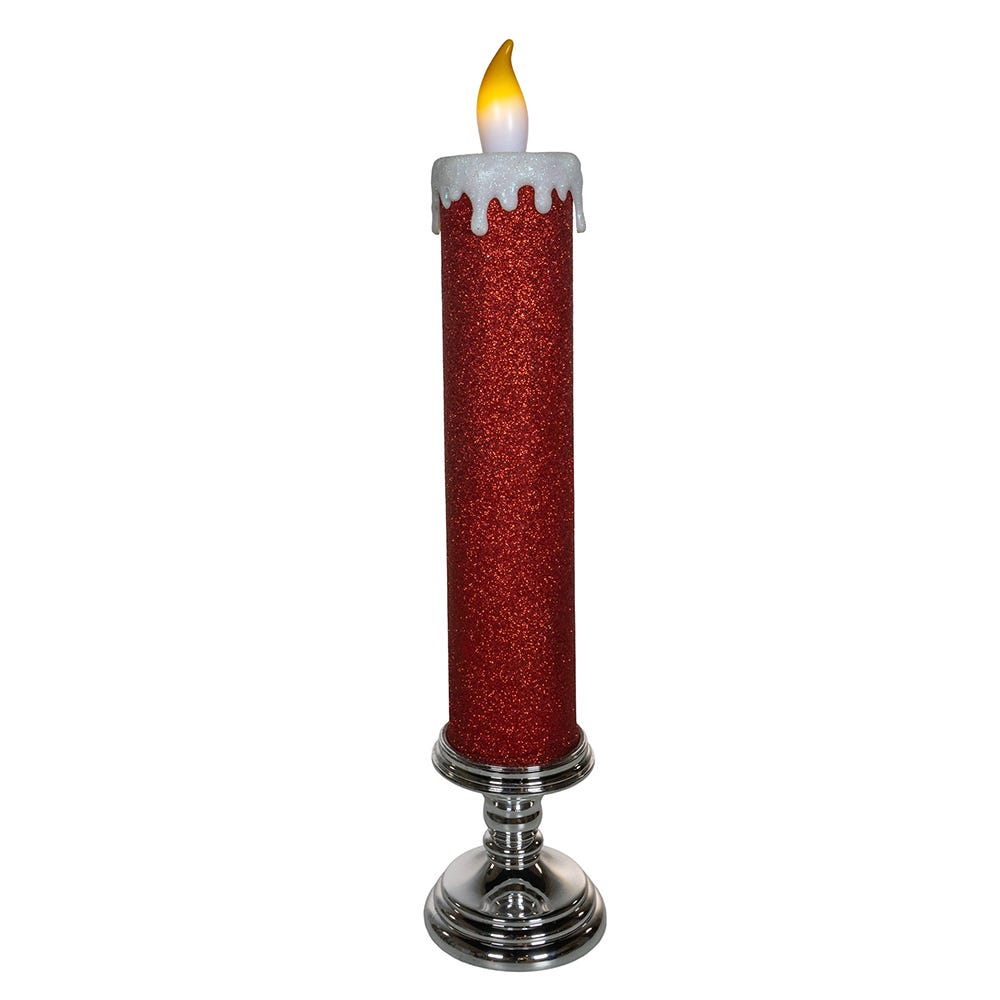 Kurt Adler 19.63-Inch Battery Operated Red Glittered Candle with Warm White LED Flicker Flame