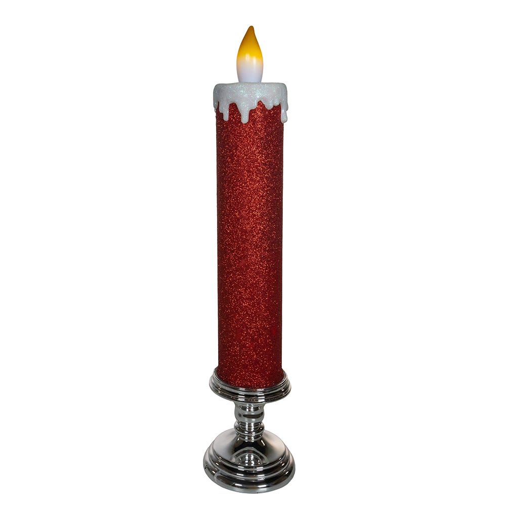 Kurt Adler 19.63-Inch Battery Operated Red Glittered Candle with Warm White LED Flicker Flame