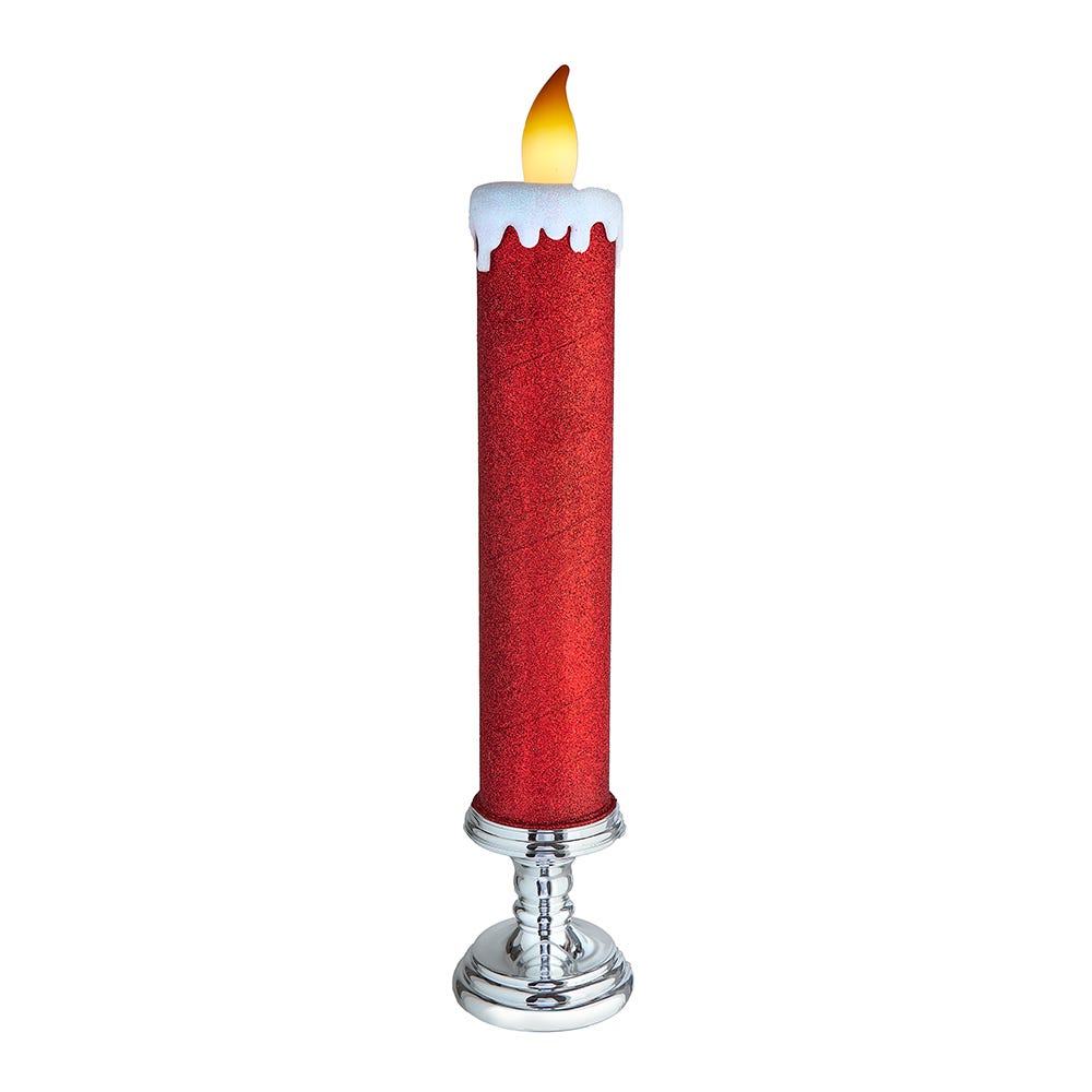 Kurt Adler 19.63-Inch Battery Operated Red Glittered Candle with Warm White LED Flicker Flame
