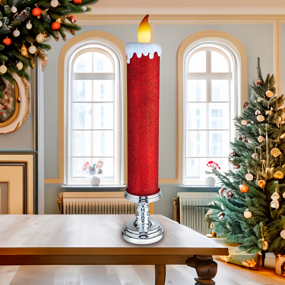 Kurt Adler 19.63-Inch Battery Operated Red Glittered Candle with Warm White LED Flicker Flame