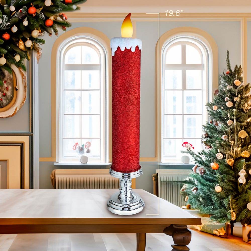 Kurt Adler 19.63-Inch Battery Operated Red Glittered Candle with Warm White LED Flicker Flame