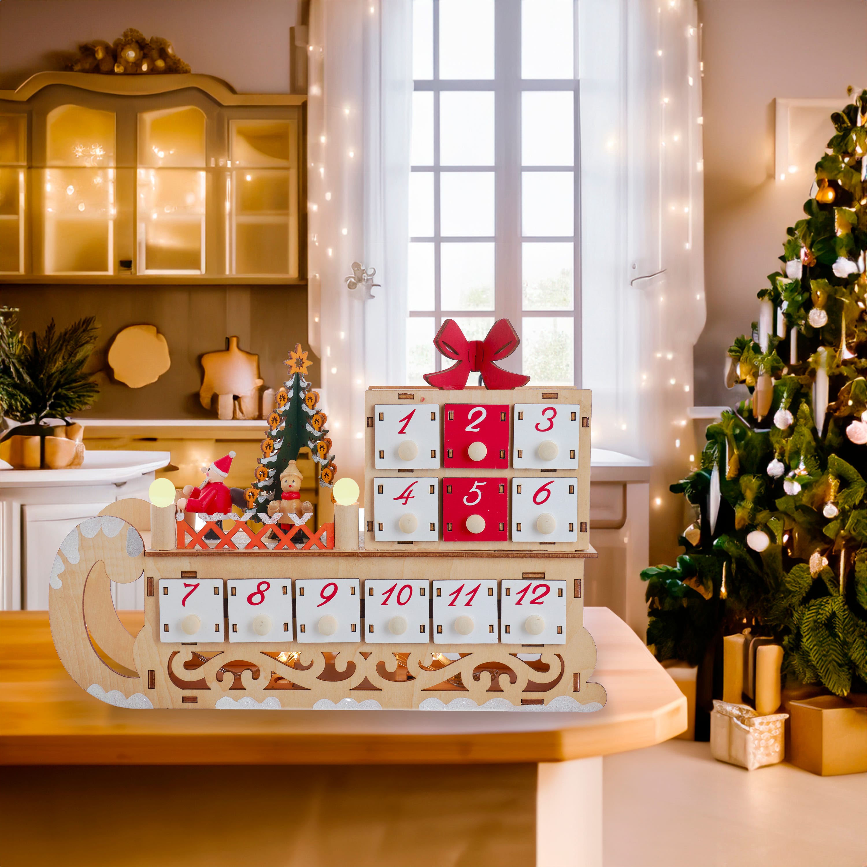 Kurt Adler 8.30-Inch Battery Operated 6-light LED Santa Sleigh With Advent Calendar