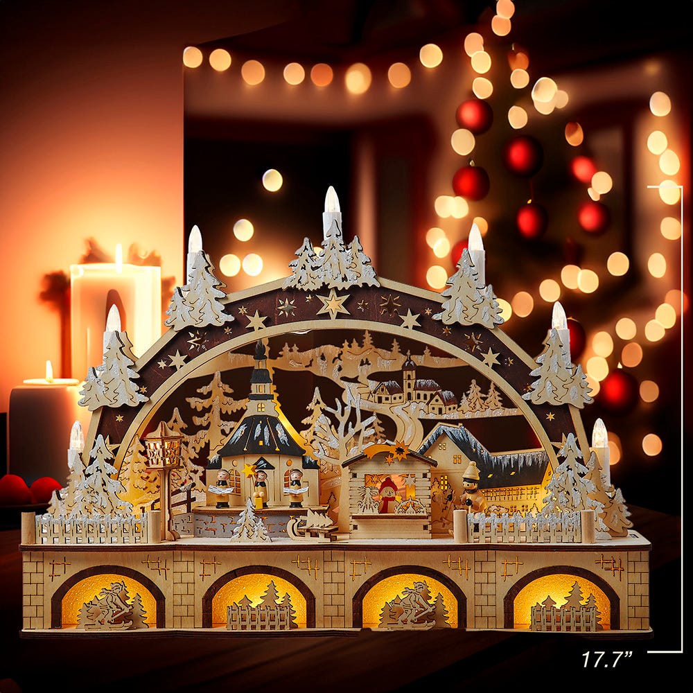 Kurt Adler 17.72-Inch Wooden LED Light-Up Christmas Village With Candle