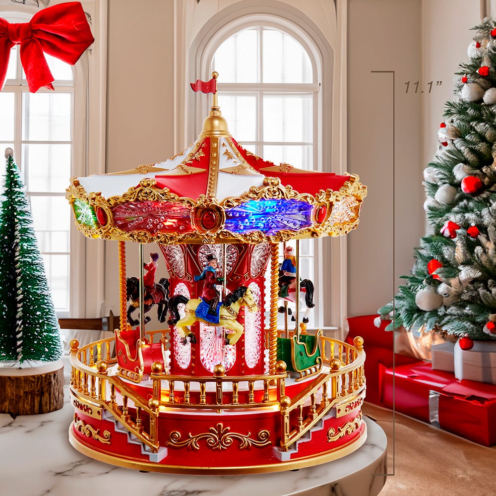 Kurt Adler 11.1-Inch Battery Operated Multicolor LED Lighted Musical Santa Carousel With Motion Table Piece