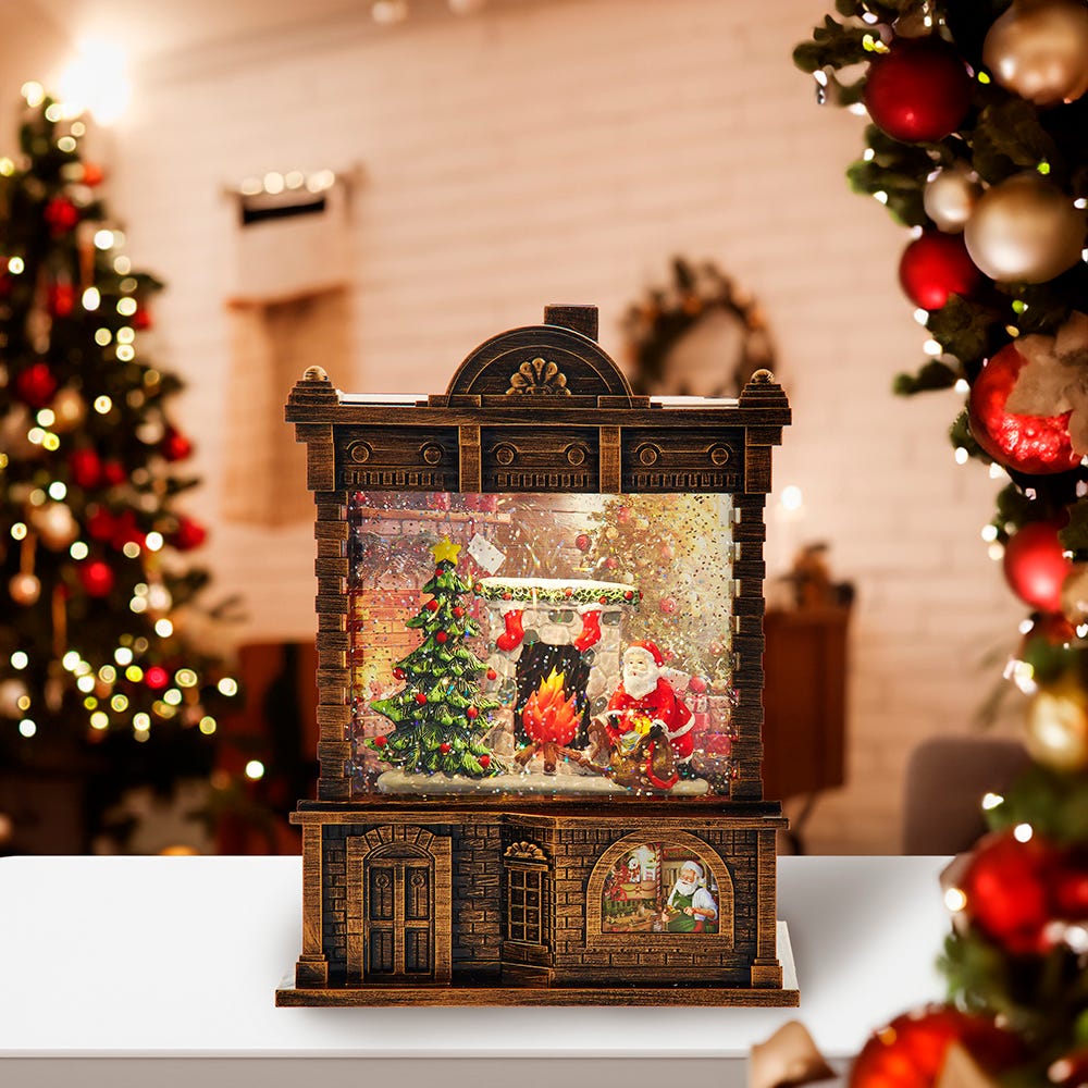 Kurt Adler 5.84-Inch Battery Operated Lighted Santa Fireplace Water Lantern House