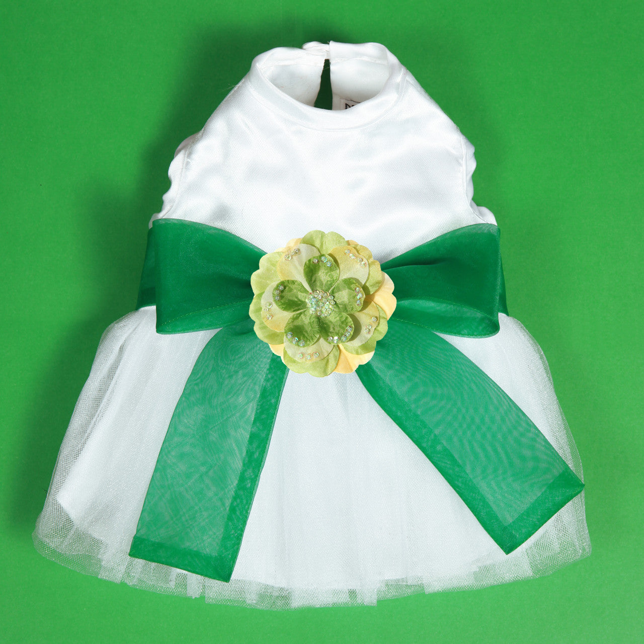 The Madeleine Harness Dog Dress with Kelly Green Sash