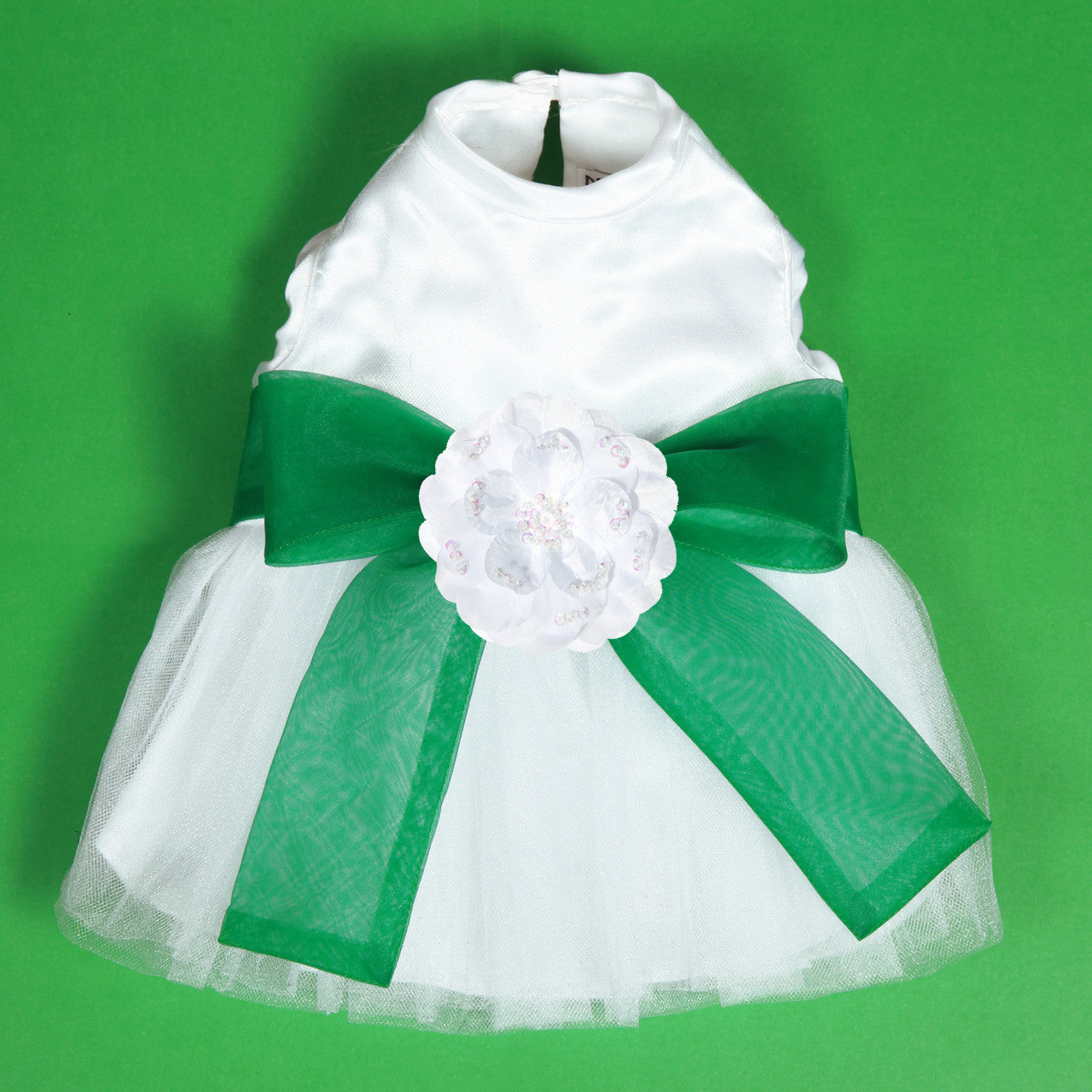 The Madeleine Harness Dog Dress with Kelly Green Sash