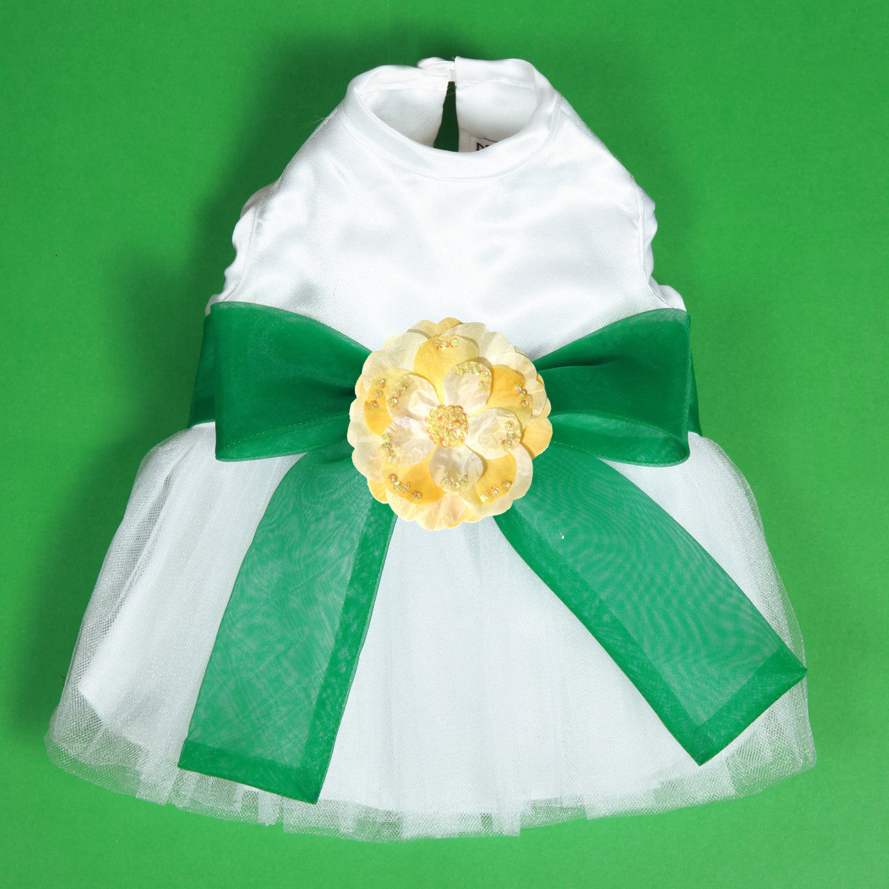 The Madeleine Harness Dog Dress with Kelly Green Sash