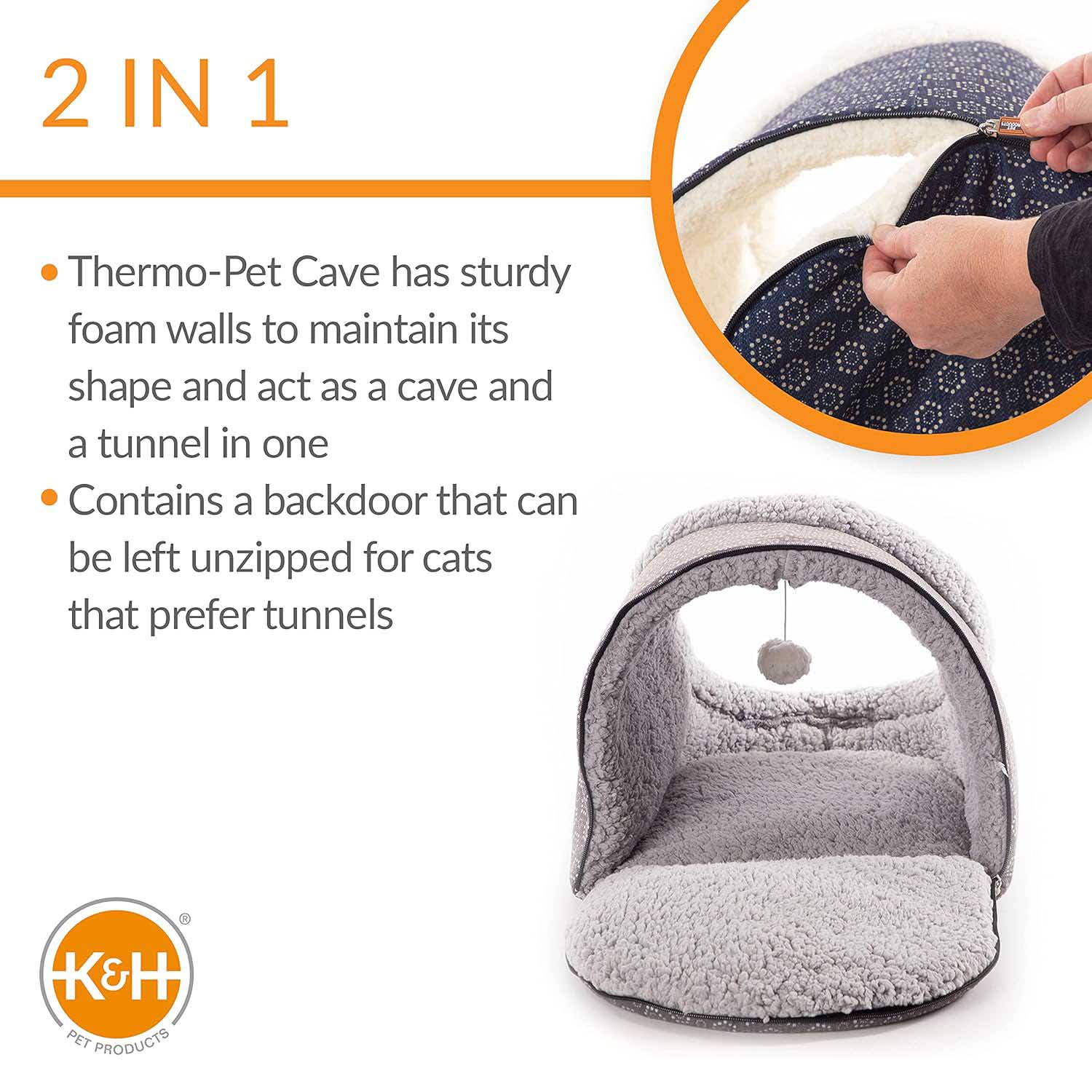 K&H Pet Products Thermo-Pet Cave Heated Cat Bed - Plush Cat Cave & Tunnel for Cats and Small Dogs