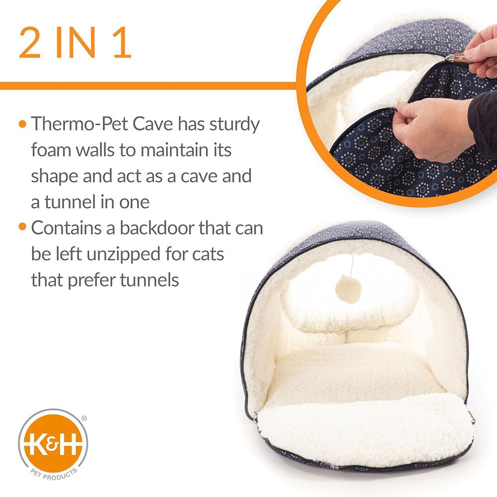 K&H Pet Products Thermo-Pet Cave Heated Cat Bed - Plush Cat Cave & Tunnel for Cats and Small Dogs