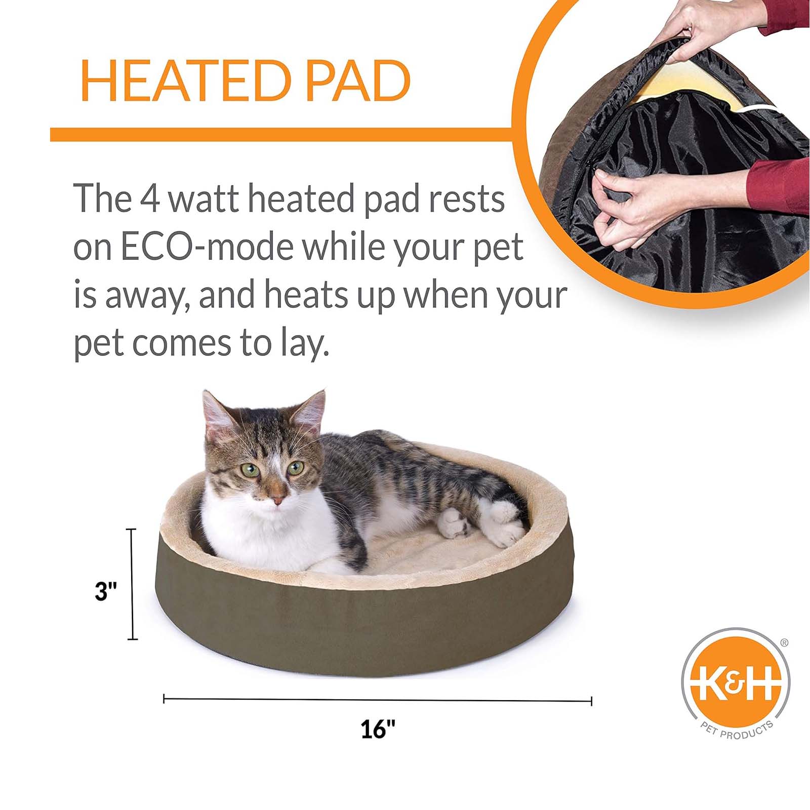 K&H Thermo-Kitty Cuddle Up Cat Bed - Indoor Heated Cat Bed with Low-Wall Design, Soft Foam Base & Removable Washable Cover