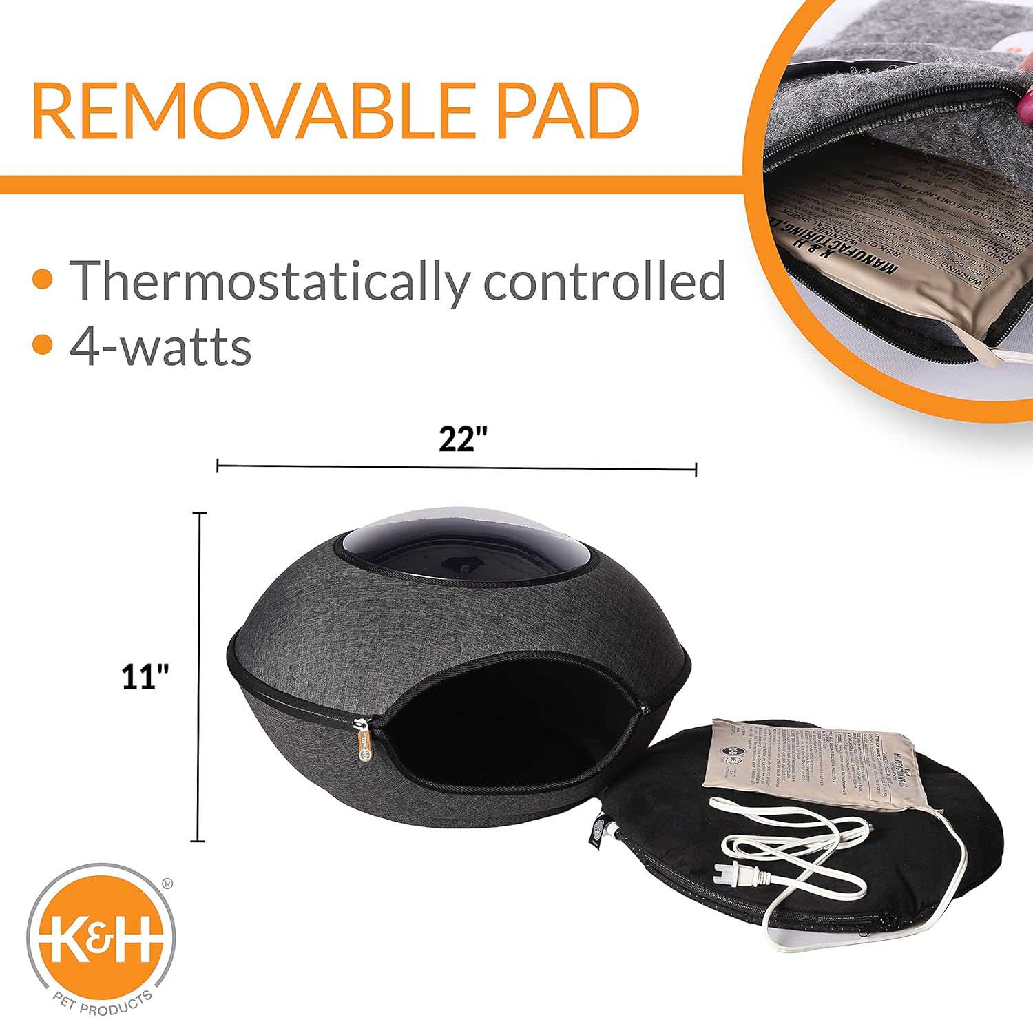 K&H Thermo-Lookout Pod Heated Cat Bed - Indoor Heated Cat Cave with Window, Removable Cushion, Cozy & Energy-Efficient
