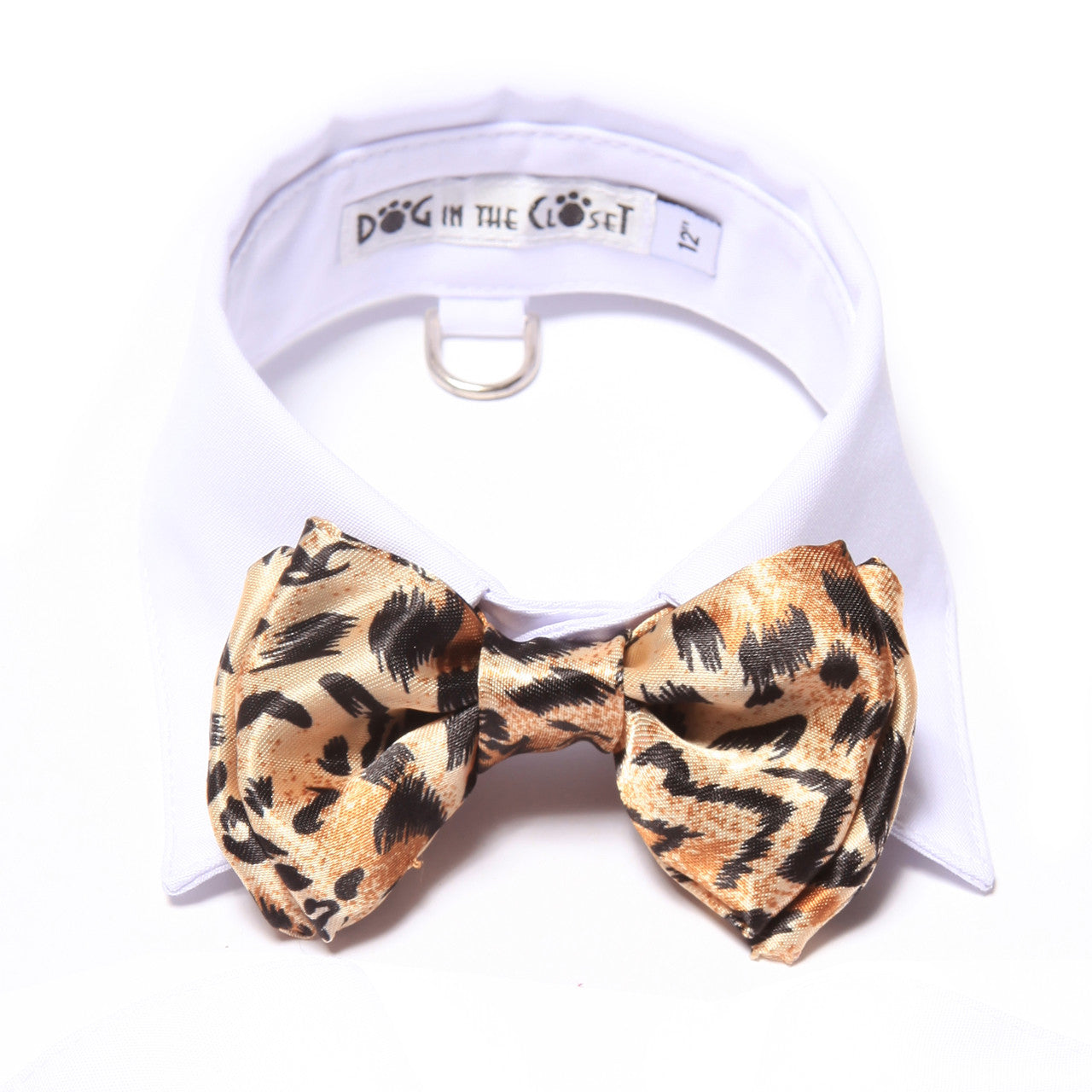 White Shirt Dog Collar with Leopard Bow Tie