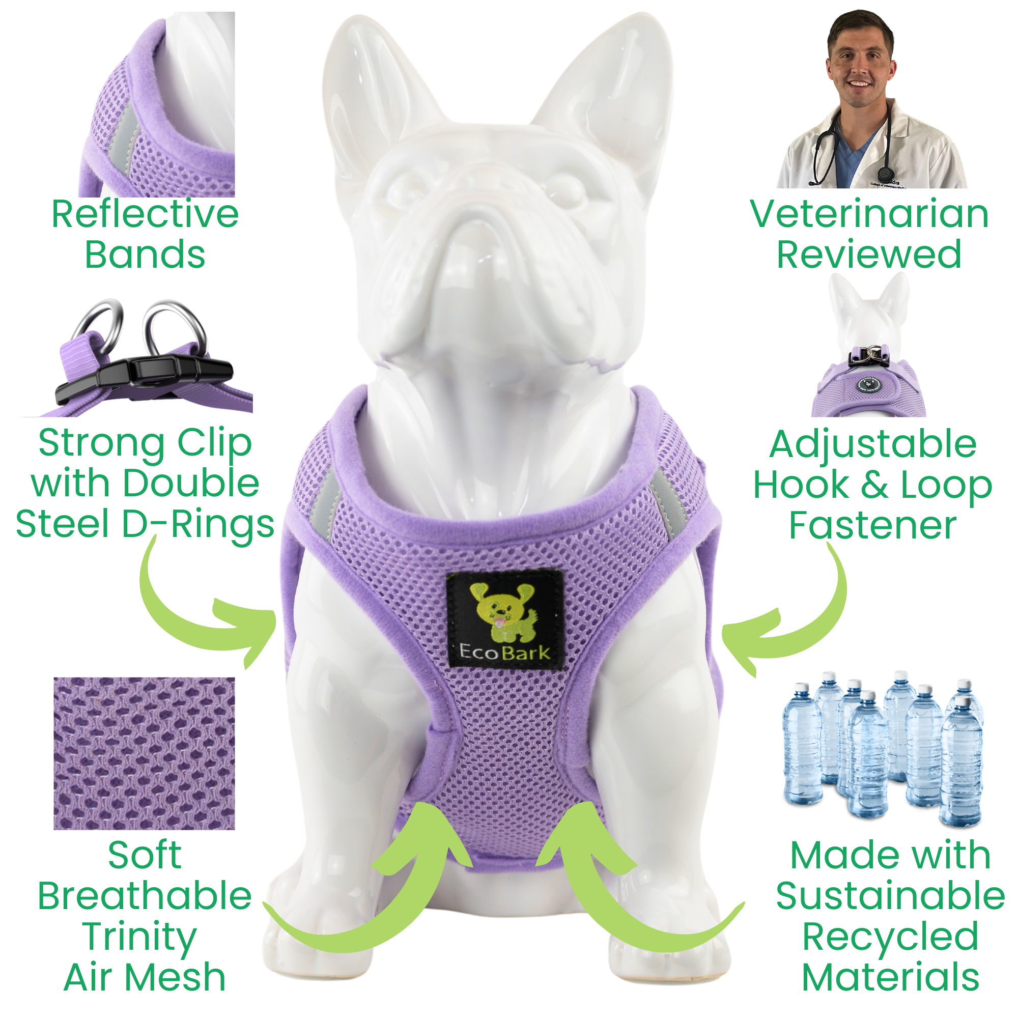 EcoBark Step In Dog Harness - Teacup & Small Breeds- Reflective Soft Mesh Harness for Teacup, Small Dogs and Puppies / Lavender