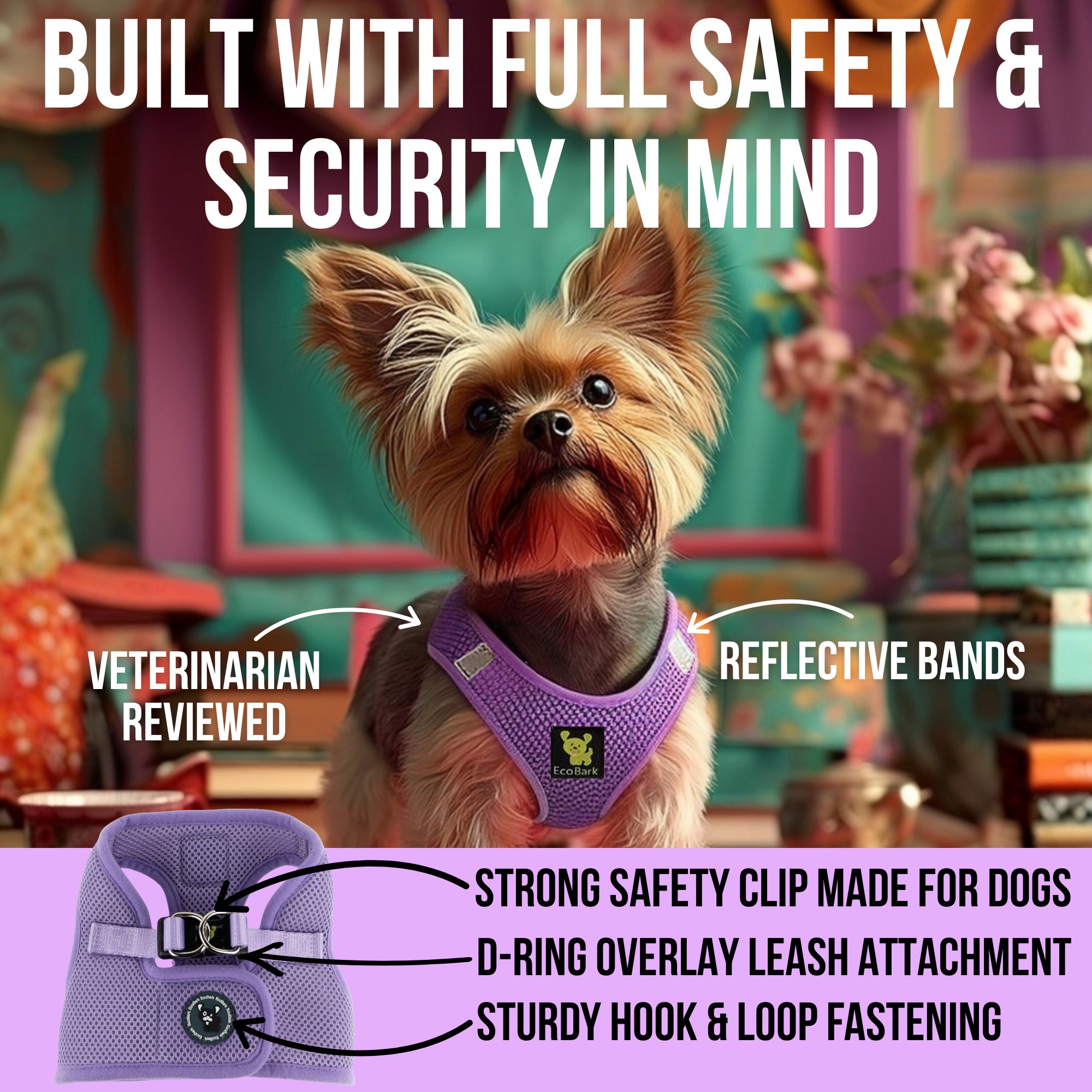 EcoBark Step In Dog Harness - Teacup & Small Breeds- Reflective Soft Mesh Harness for Teacup, Small Dogs and Puppies / Lavender