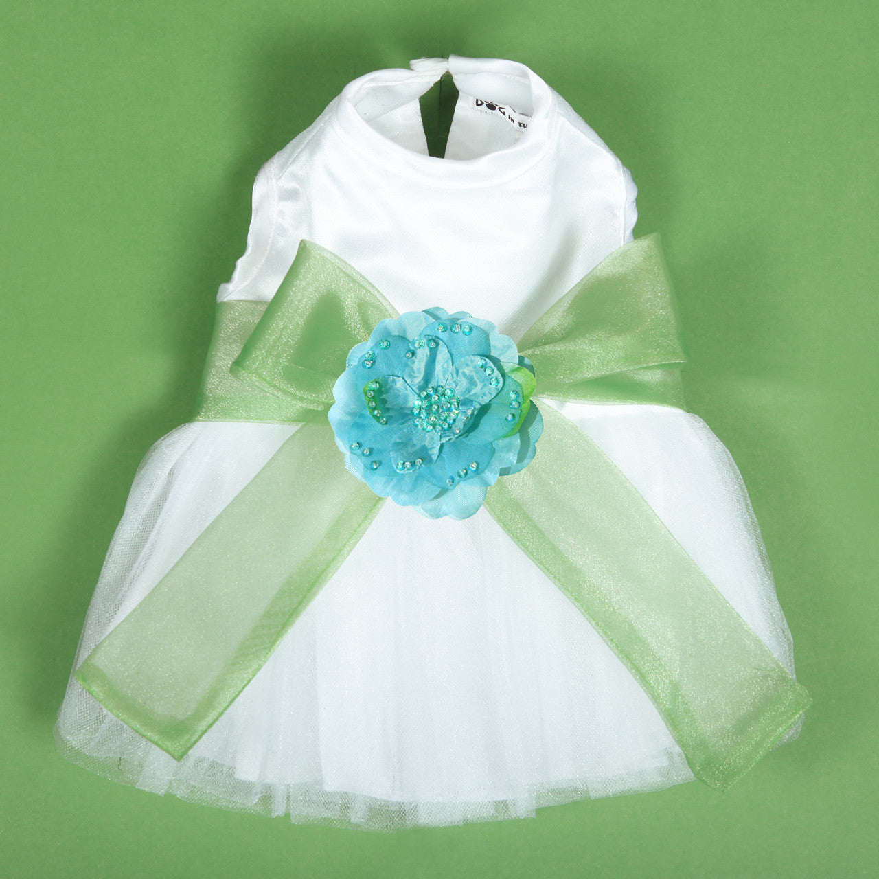 The Madeleine Dog Harness Dress with Leaf Green Sash