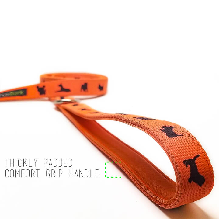 EcoBark Safety Orange Dog Leash- Padded Comfort Grip Leash with Dog Pattern - 4ft, 5ft, and 6ft Leash for Small and Medium Dogs