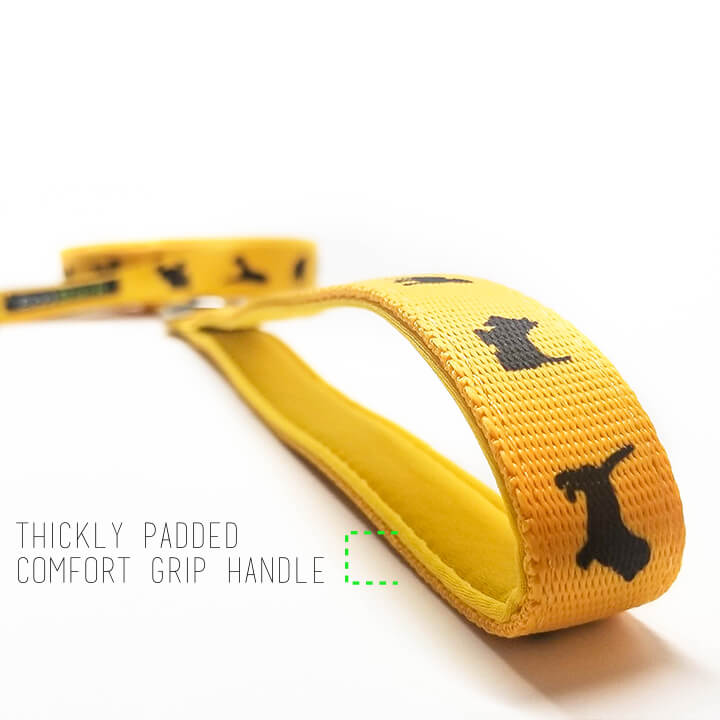 EcoBark Yellow Dog Leash- Padded Comfort Grip Padded Leash Dog Pattern - 4ft, 5ft, and 6ft Leash for Small and Medium Dogs