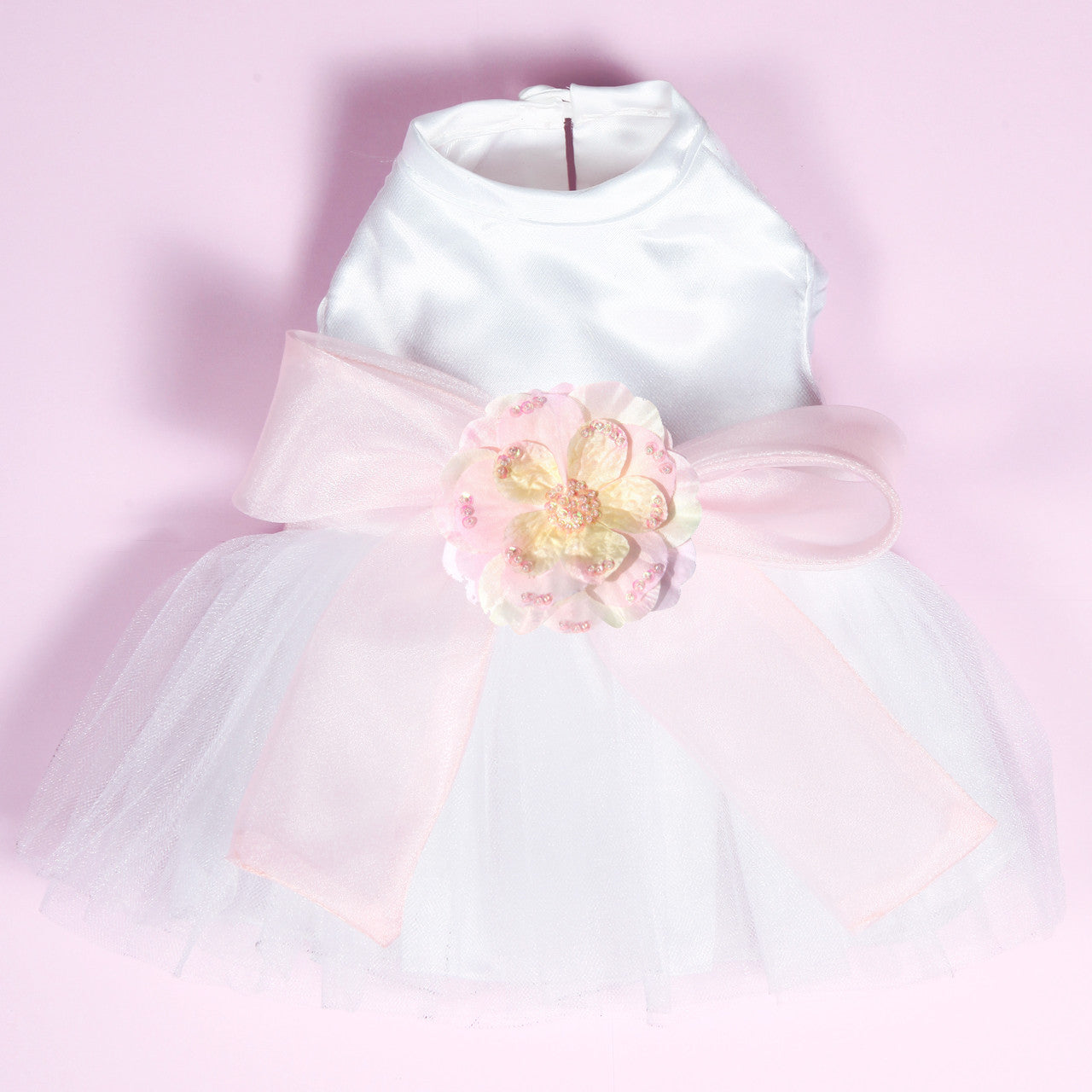 The Madeleine Dog Harness Dress with Light Pink Sash