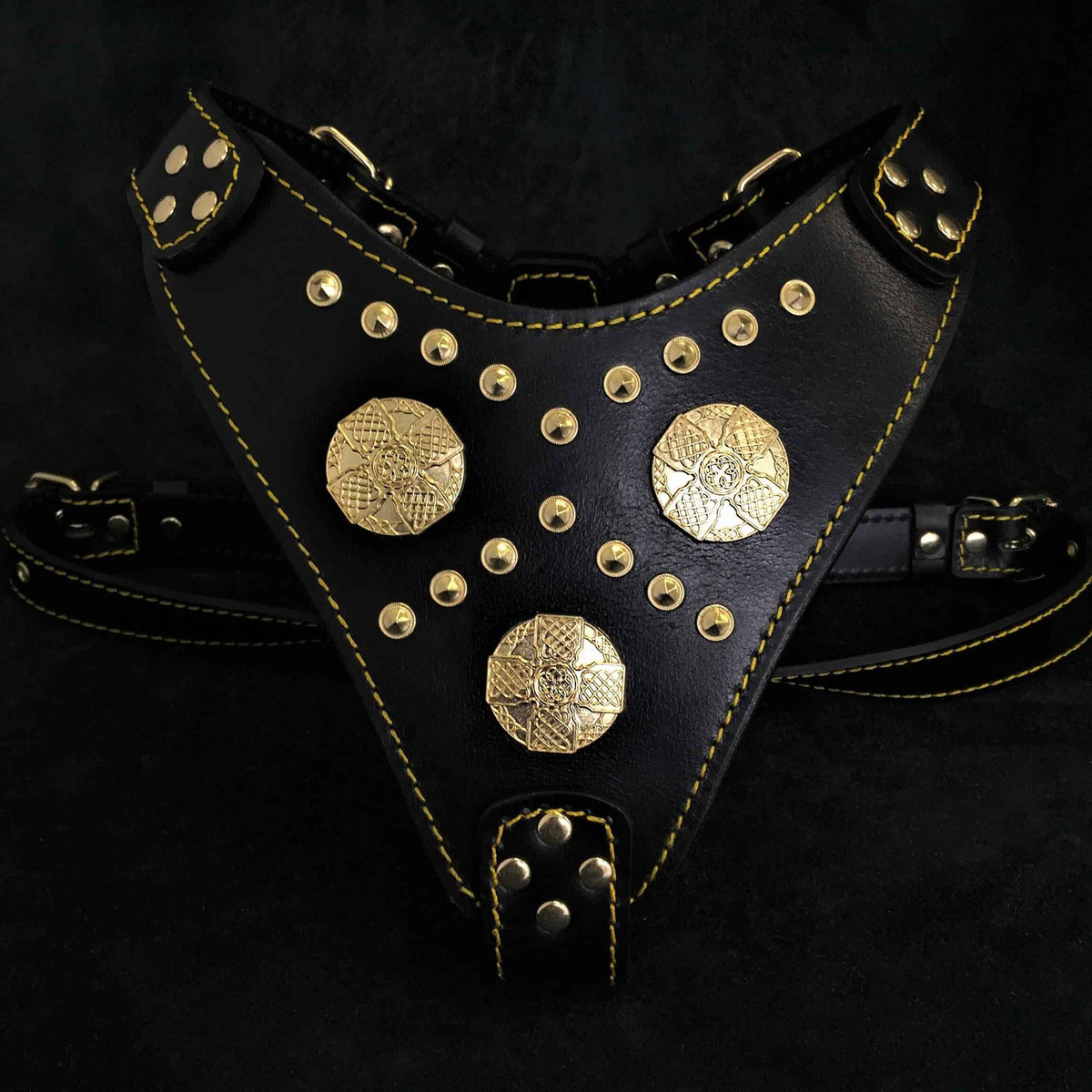Bestia Maximus Black & Gold Leather Dog Harness