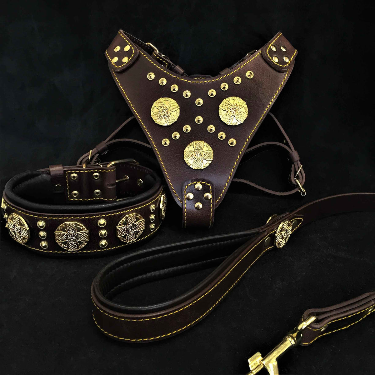 Bestia Maximus Brown Brass Rivets Leather Large Breed Dog Harness, Collar & Leash Set