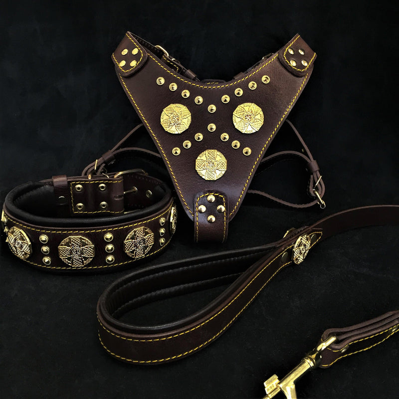 Bestia Dog Gear "Maximus Brown" BIG dog SET- Harness - collar - lead. Brass rivets Genuine Leather Brown pet supplies