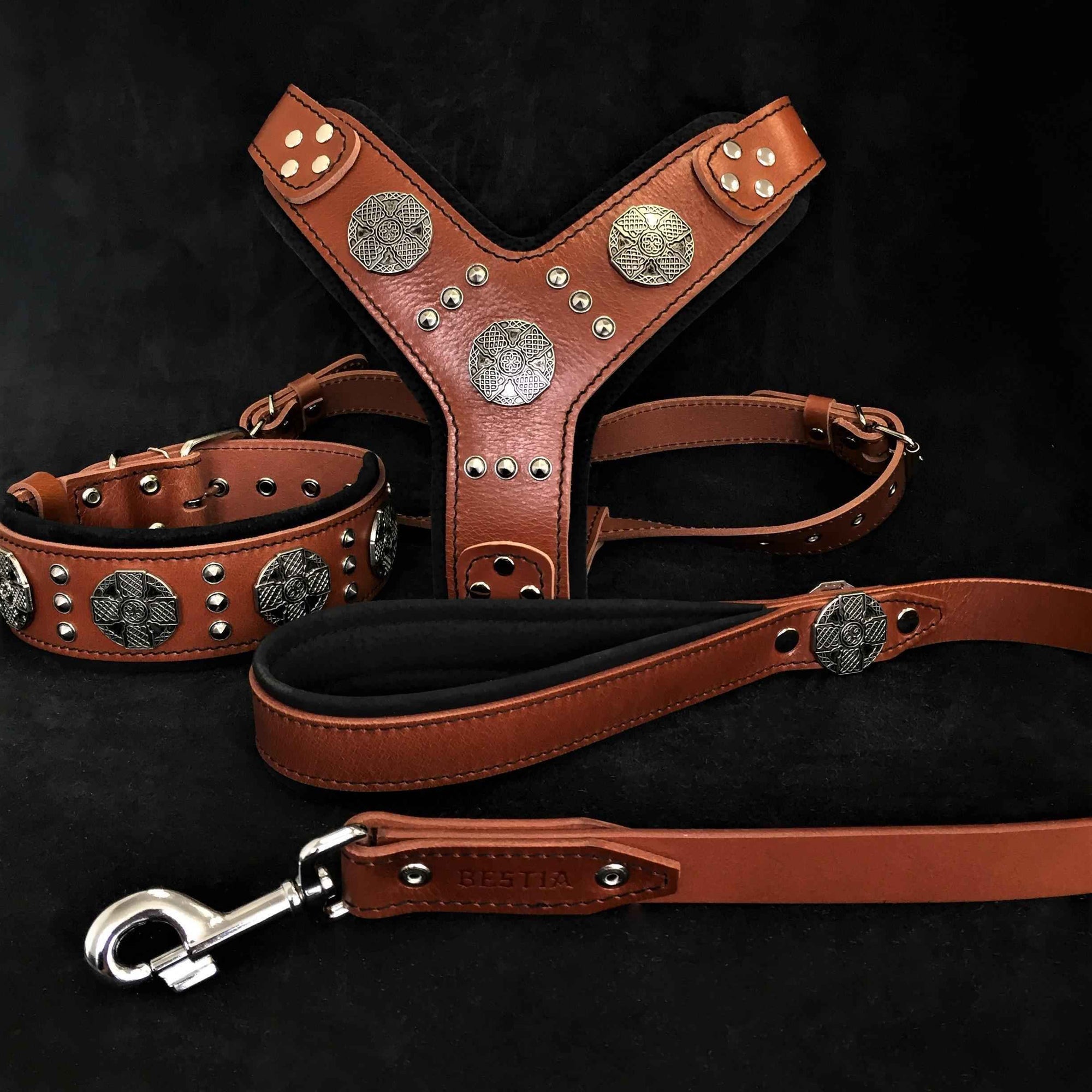 Bestia Maximus Silver Brown Leather Large Breed Dog Harness, Collar & Leash Set