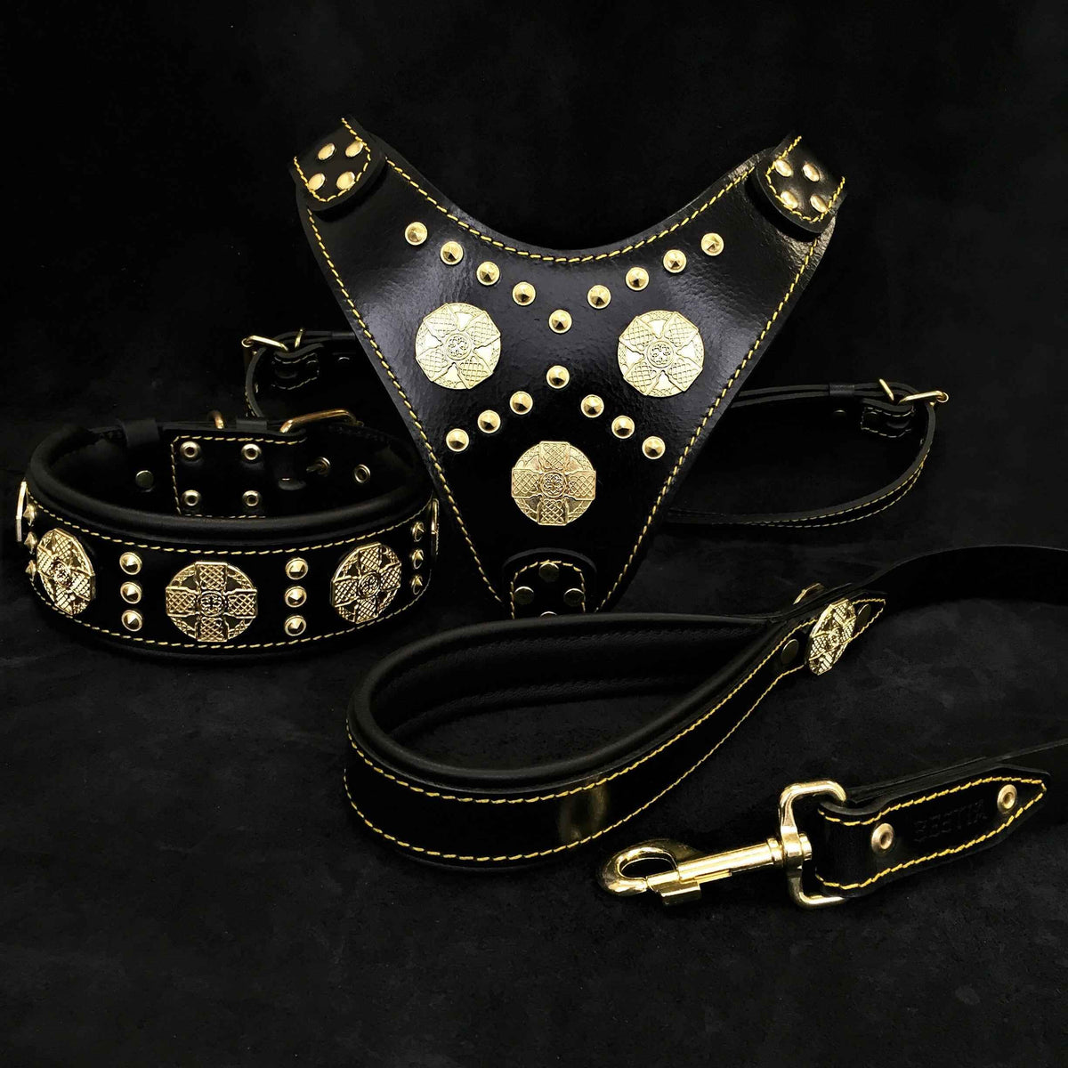 Bestia Maximus Black Brass Rivets Leather Large Breed Dog Harness, Collar & Leash Set