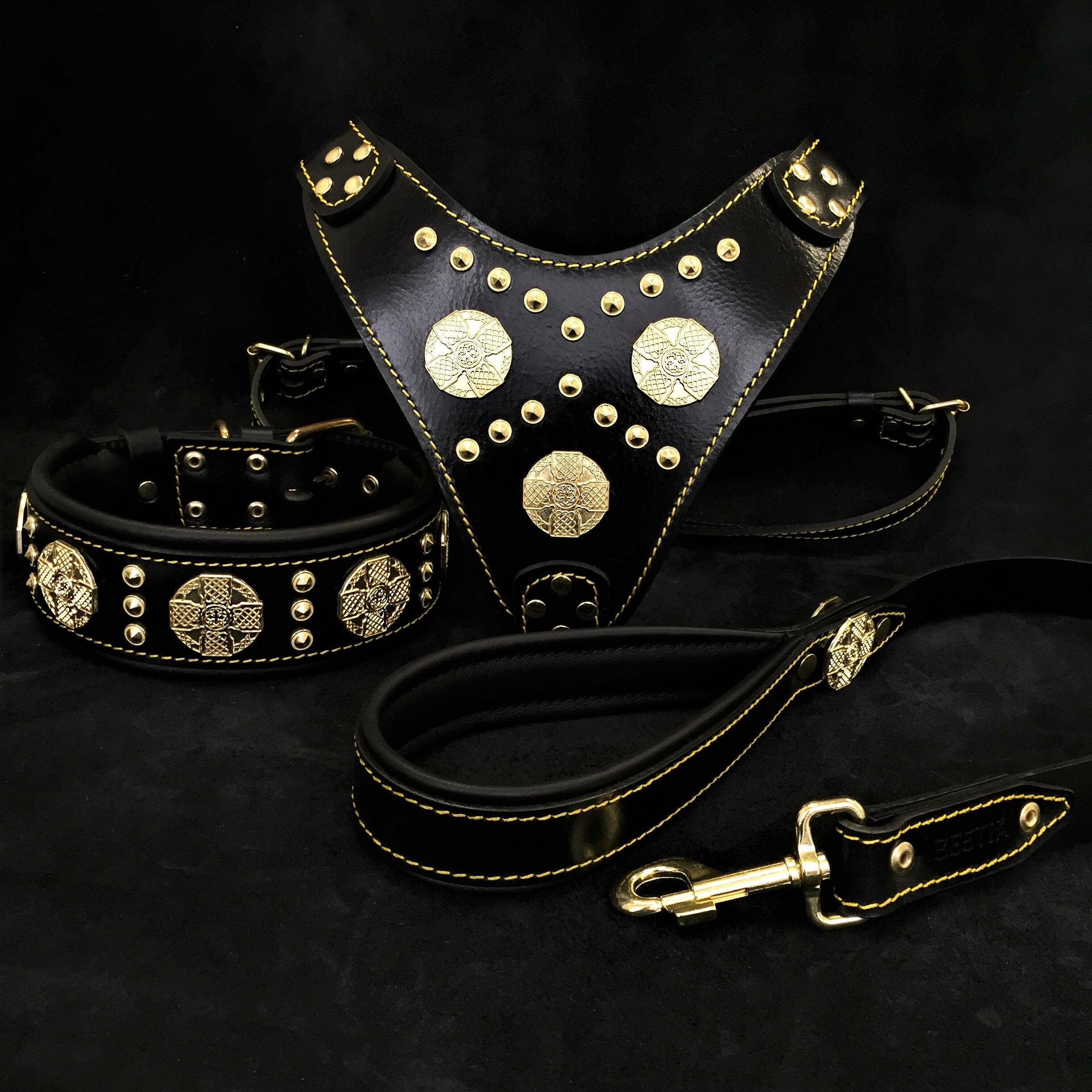 Bestia Dog Gear "Maximus Black" BIG dog SET- Harness - collar - lead. Brass rivets Genuine Leather Black pet supplies