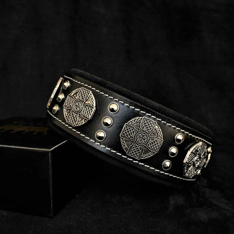 Bestia Maximus 2.5-Inch Wide Black & Silver Leather Dog Collar