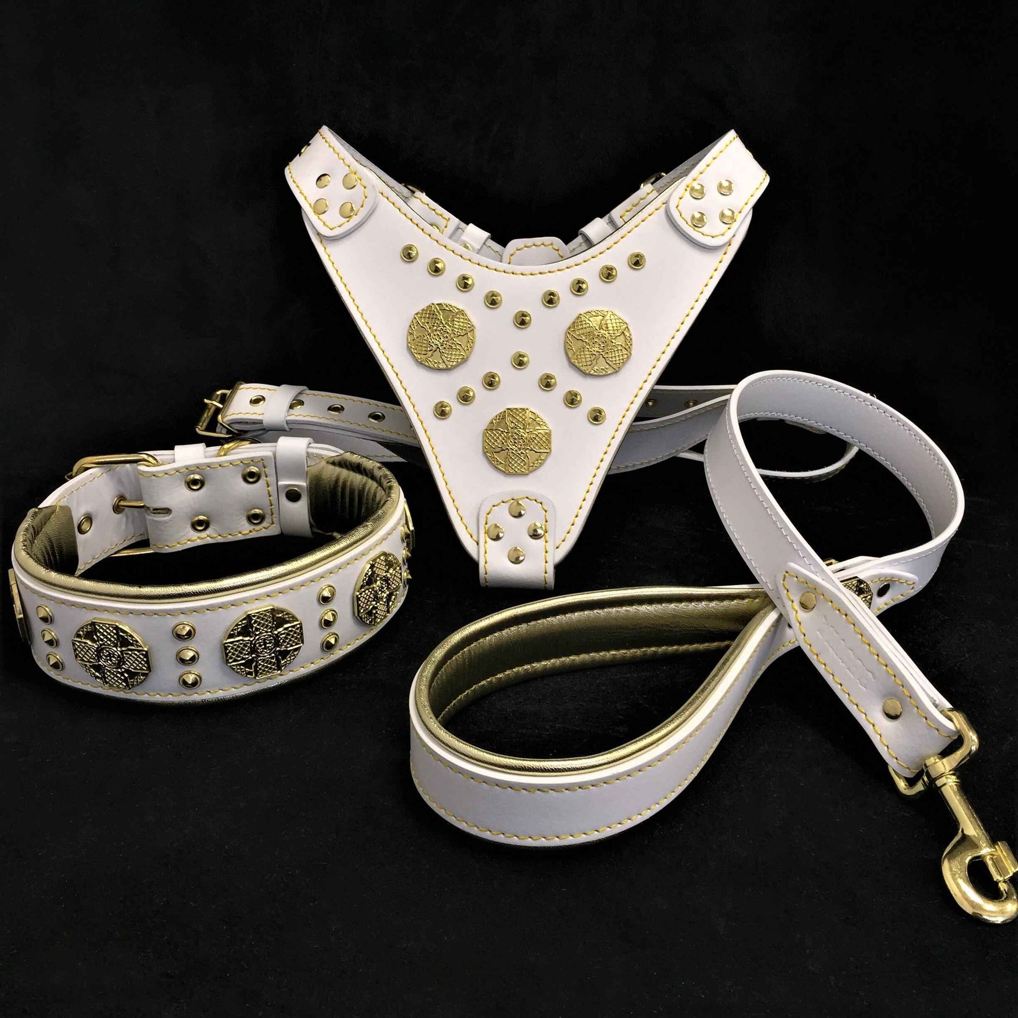 Bestia Maximus White Brass Rivets Leather Large Breed Dog Harness, Collar & Leash Set