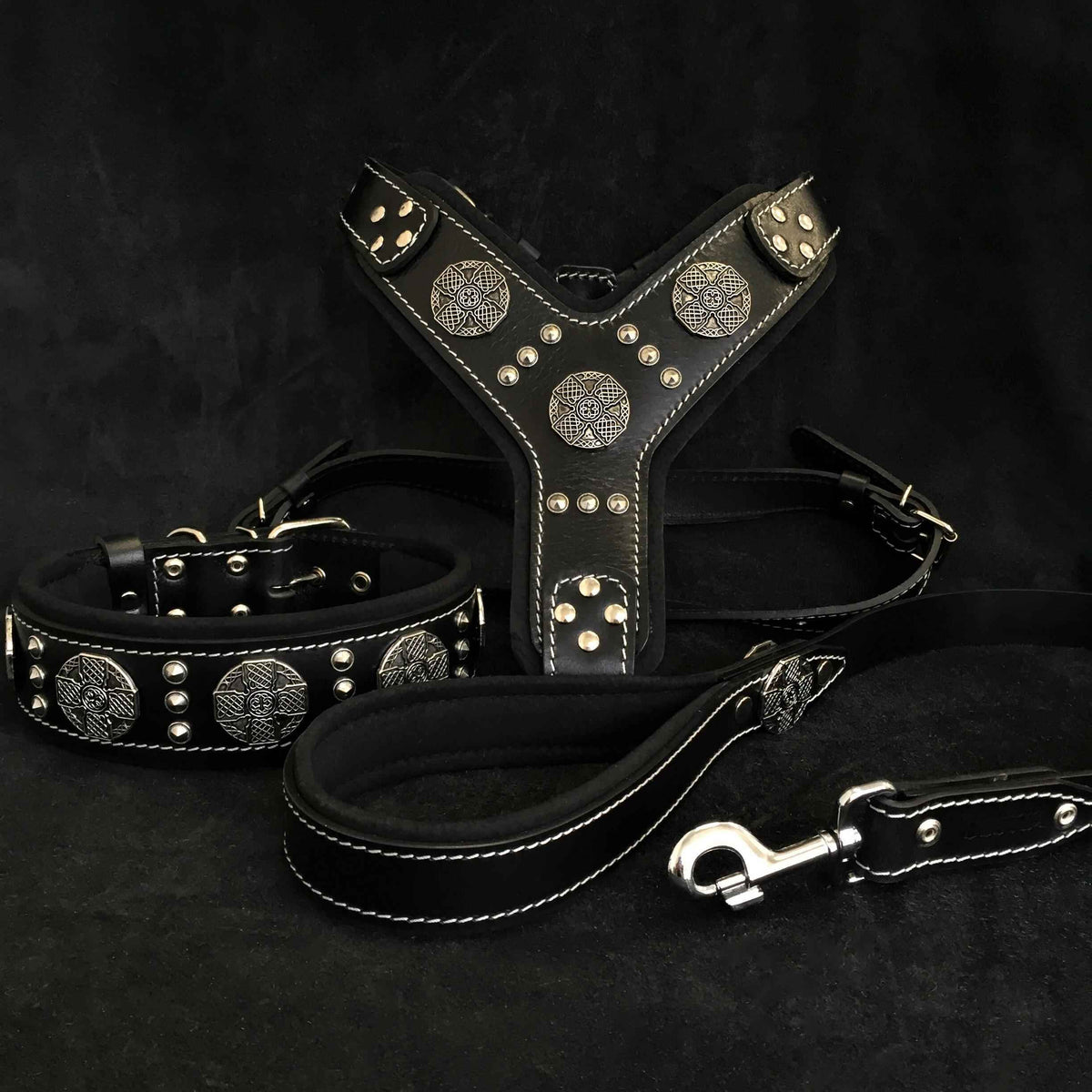 Bestia Maximus Silver Black Leather Large Breed Dog Harness, Collar & Leash Set
