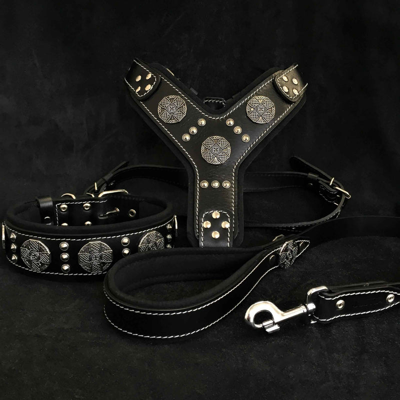 Bestia Maximus Silver Black Leather Large Breed Dog Harness, Collar & Leash Set