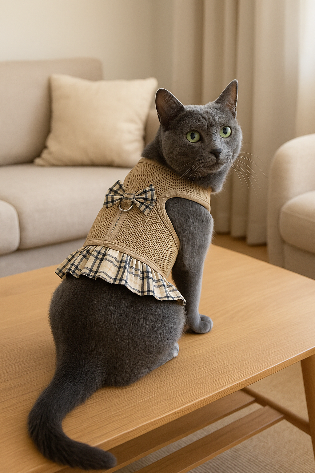 Parisian Pet  Khaki Plaid Harness Dress for Dogs & Cats  Fashionable and Comfortable Plaid Dog Harness Dress, Adjustable Fit