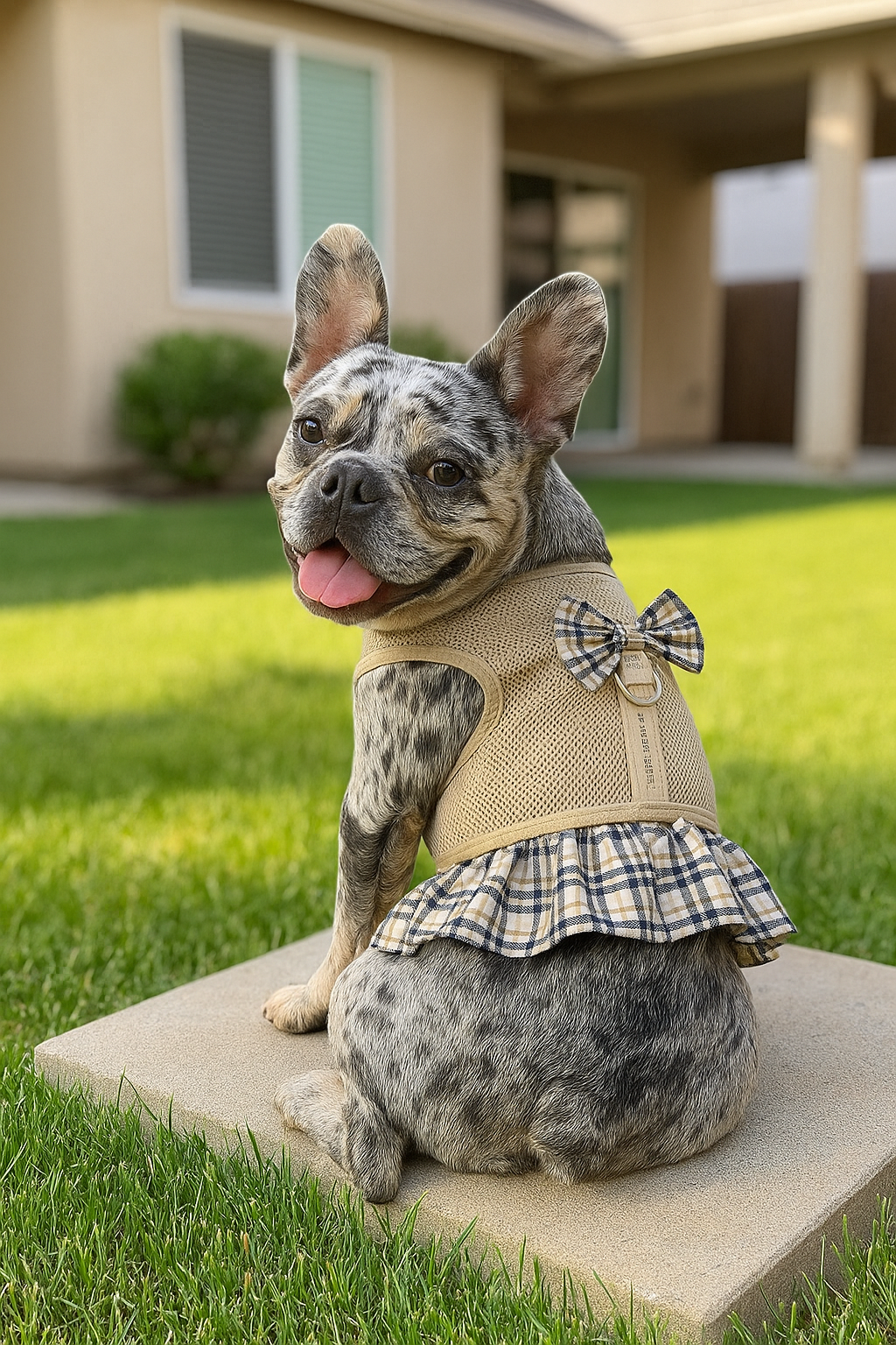 Parisian Pet  Khaki Plaid Harness Dress for Dogs & Cats  Fashionable and Comfortable Plaid Dog Harness Dress, Adjustable Fit