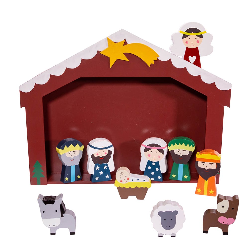 Kurt Adler 2-3-Inch Wooden Childrens Nativity Set with Stable and 10 Figures