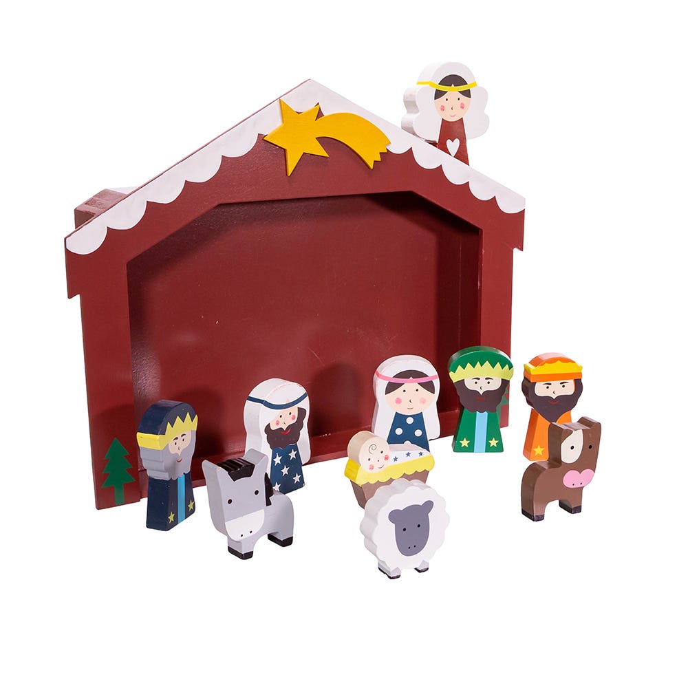 Kurt Adler 2-3-Inch Wooden Childrens Nativity Set with Stable and 10 Figures
