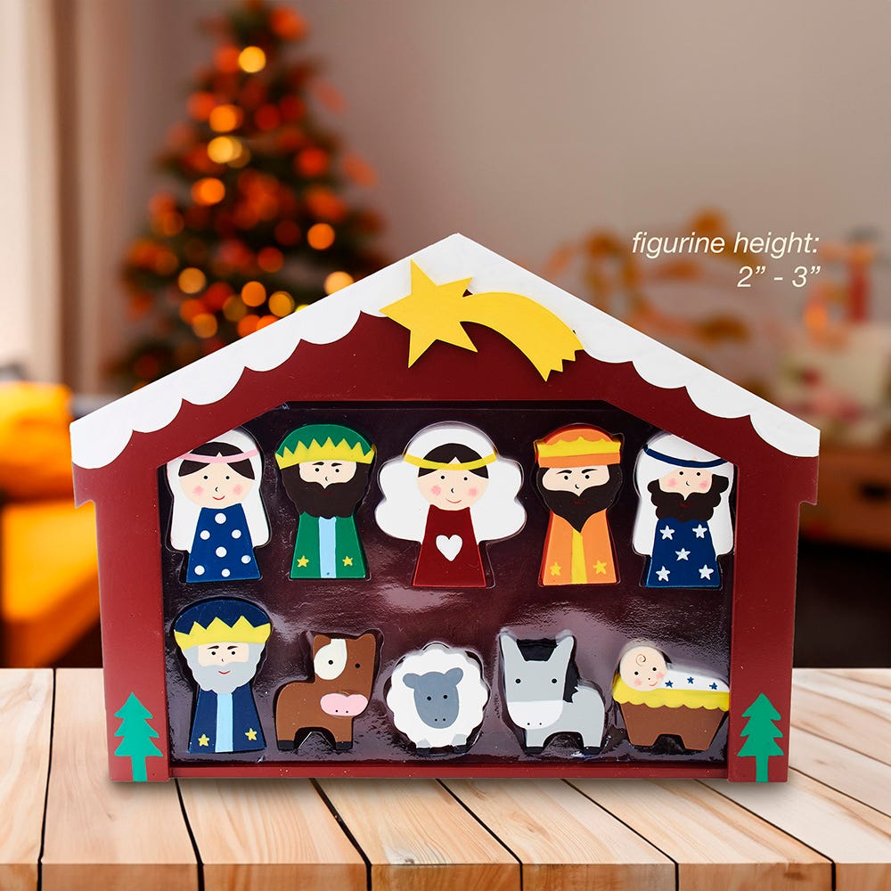 Kurt Adler 2-3-Inch Wooden Childrens Nativity Set with Stable and 10 Figures