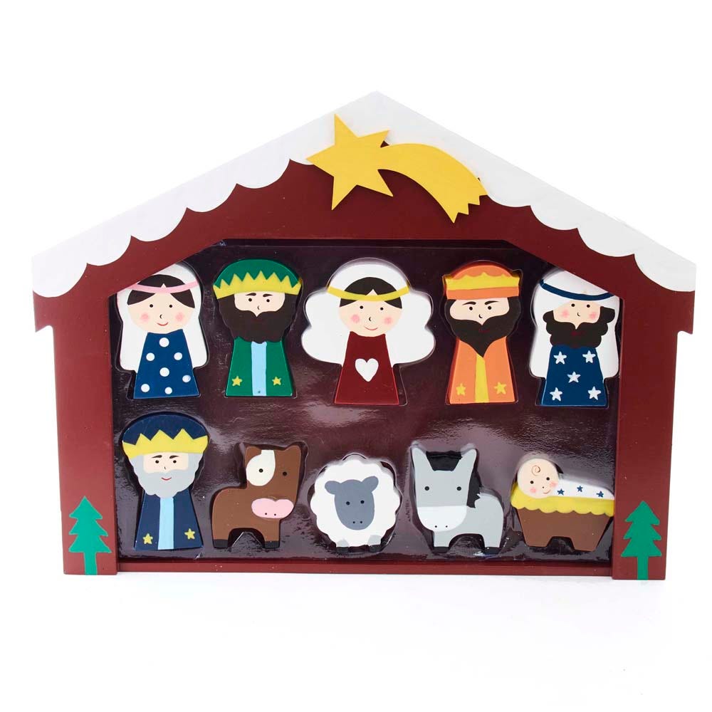 Kurt Adler 2-3-Inch Wooden Childrens Nativity Set with Stable and 10 Figures