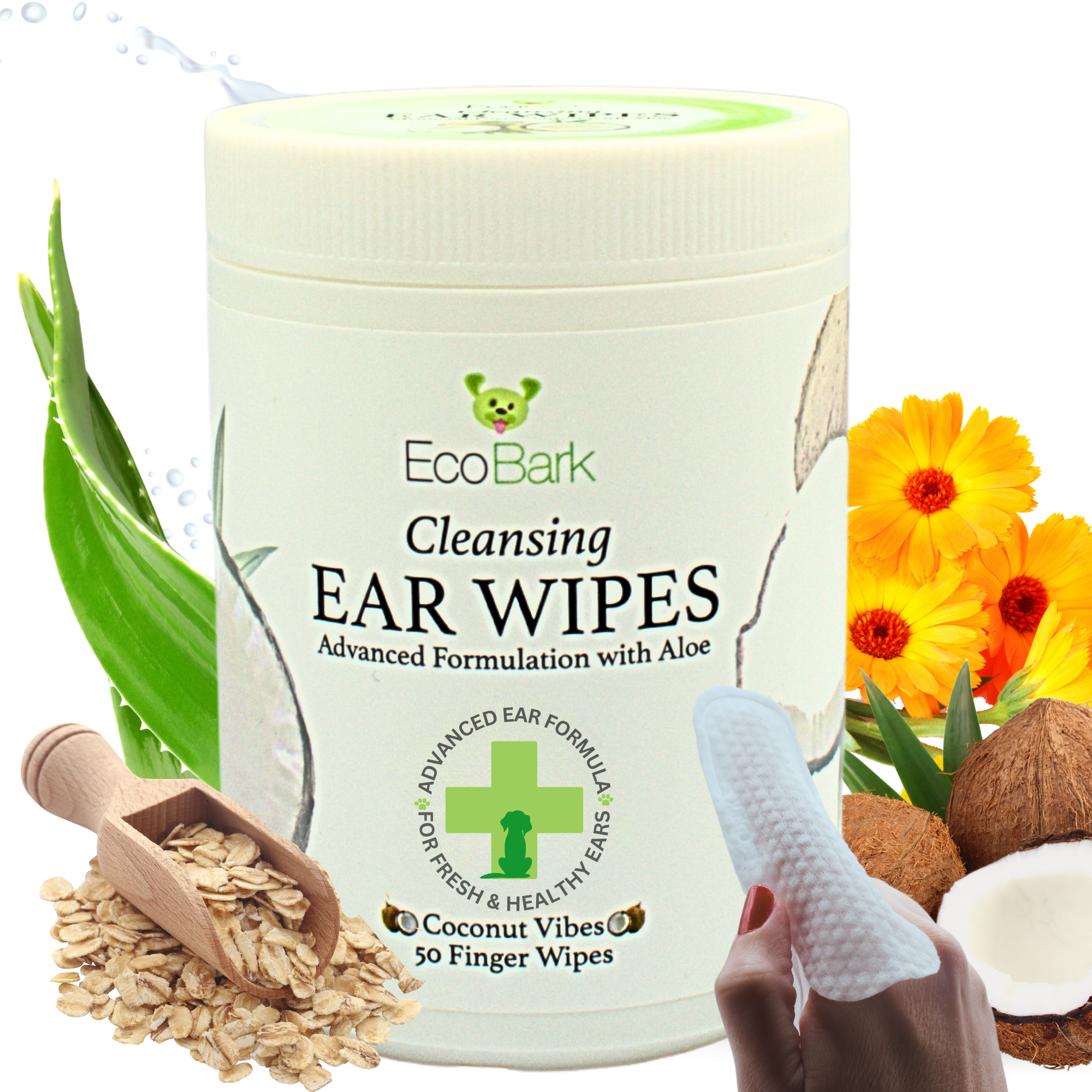 Natural Dog Ear Finger Wipes | EcoBark Coconut Cleansing Ear Wipes for dogs (50 Count)