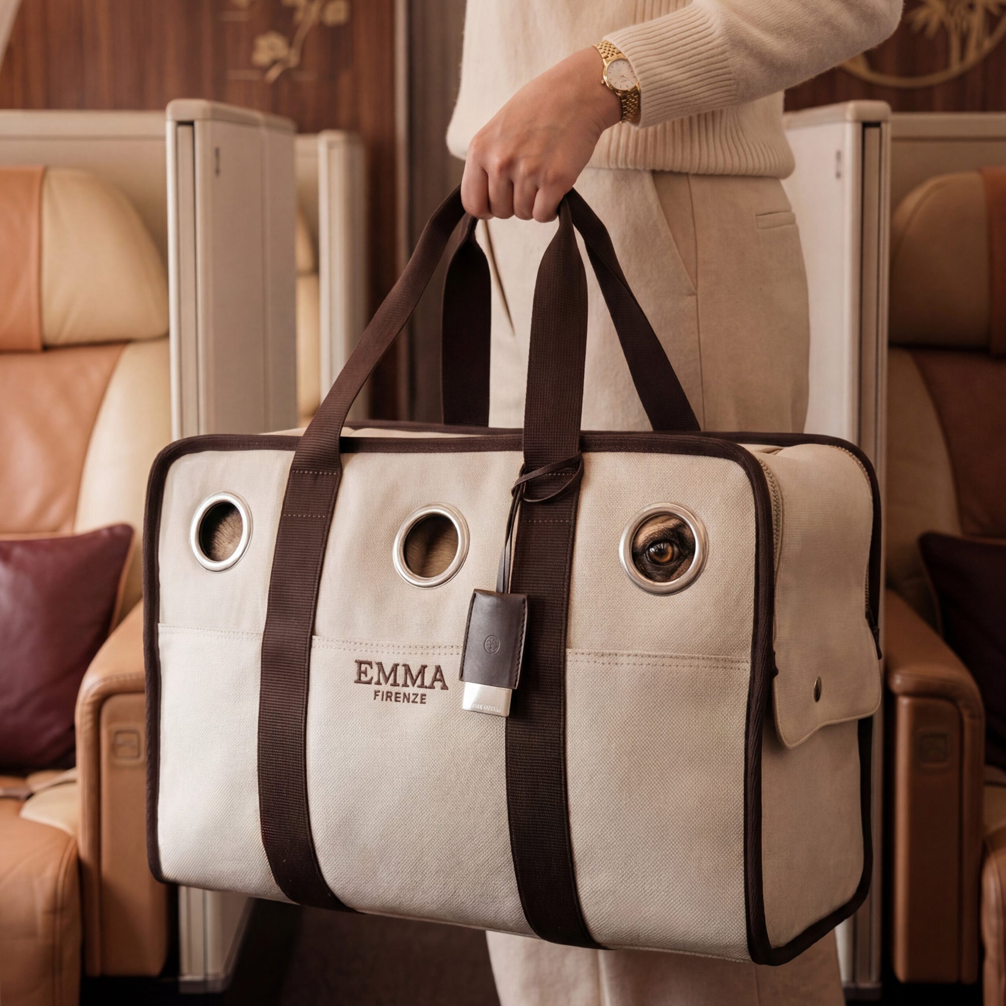 Emma Firenze: Dark Brown & Canvas Airline Dog Carrier