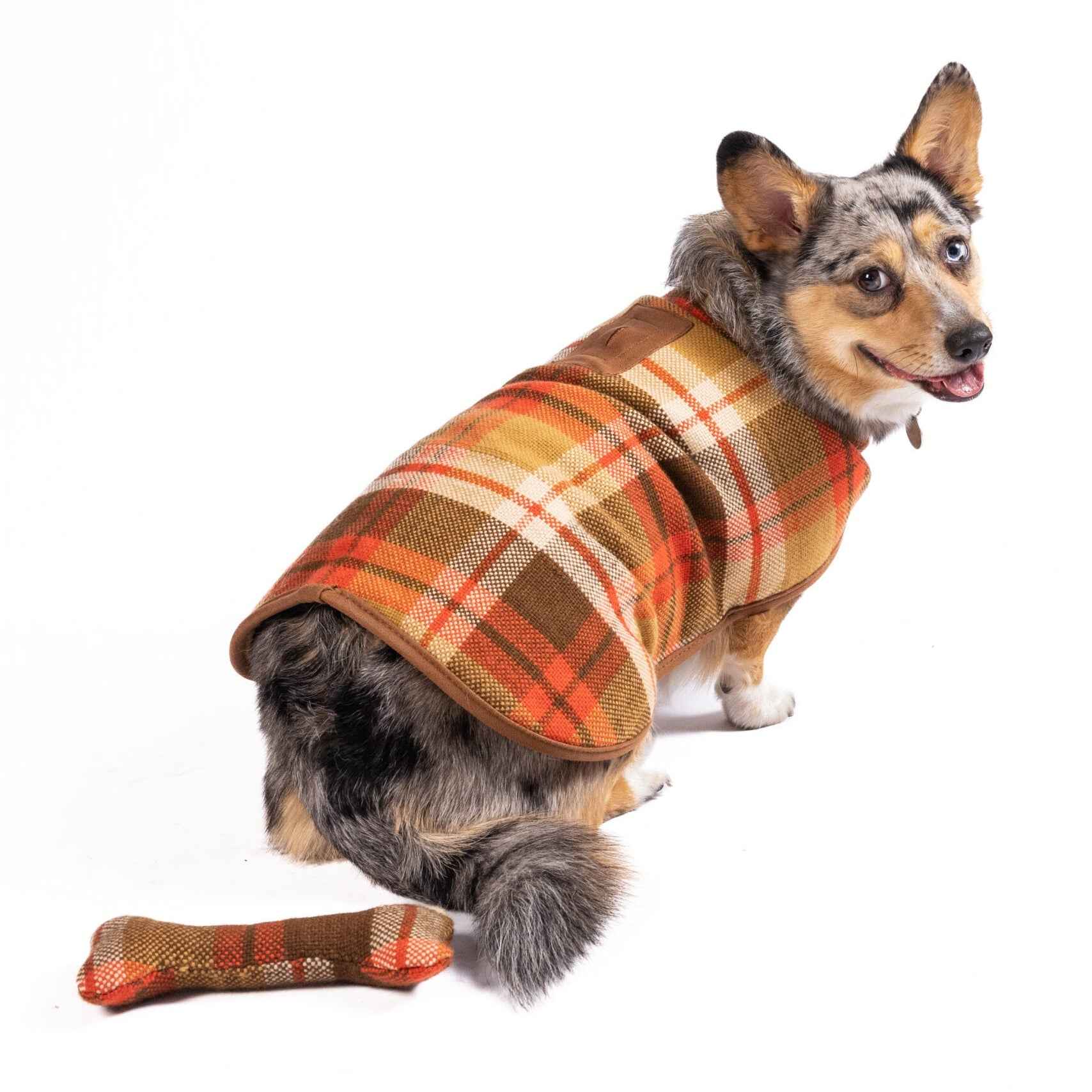 Chilly Dog Rust Plaid Fleece-Lined Wool Dog Coat