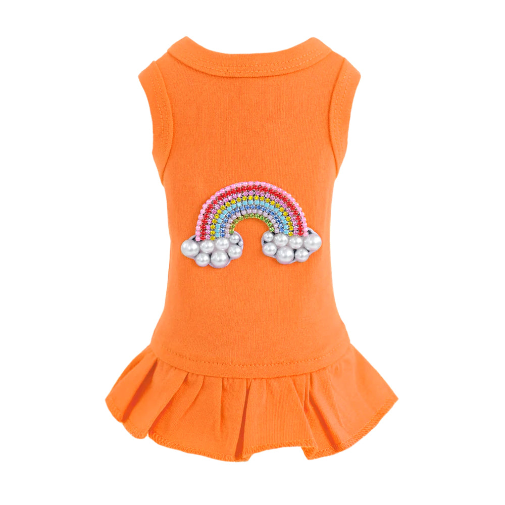 Hello Doggie Rainbow Cotton Crystal Orange Dog Dress