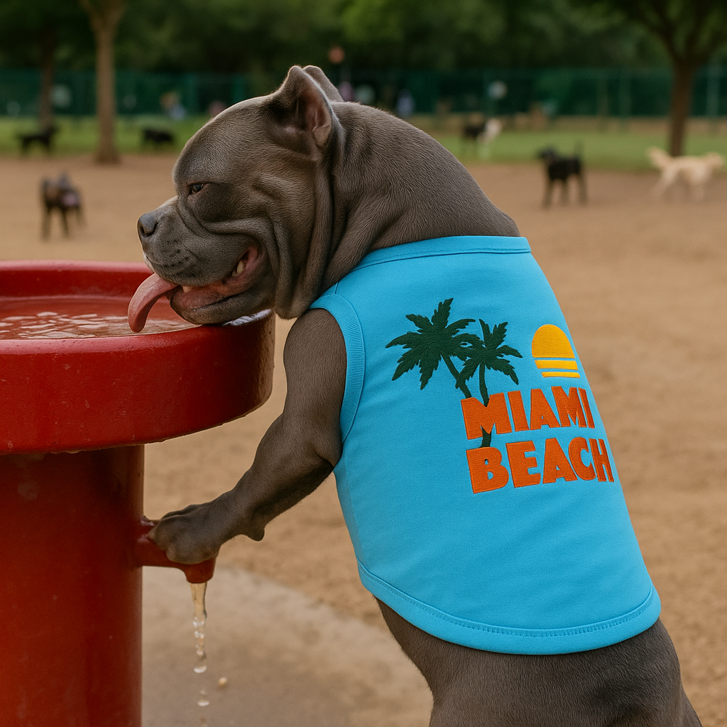 Parisian Pet Miami Beach Dog & Cat Shirt  Funny Embroidered Vacation Dog T-Shirt, Stylish & Comfortable  Light Blue