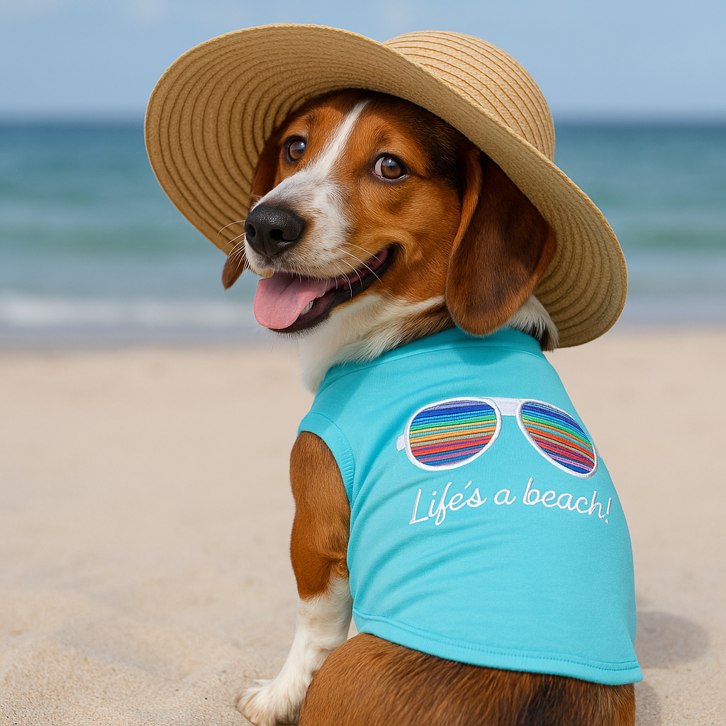 Parisian Pet Lifes a Beach Summer Dog T-Shirt  Comfortable Beach-Themed Pet Clothing for Dogs & Cats, Light Blue