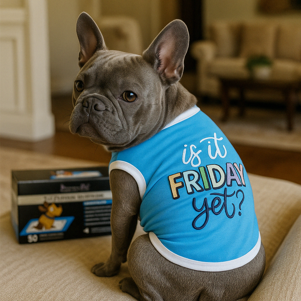 Parisian Pet Is It Friday Yet? Embroidered Dog T-Shirt  Trendy Weekend Dog Apparel for Dogs & Cats, Light Blue