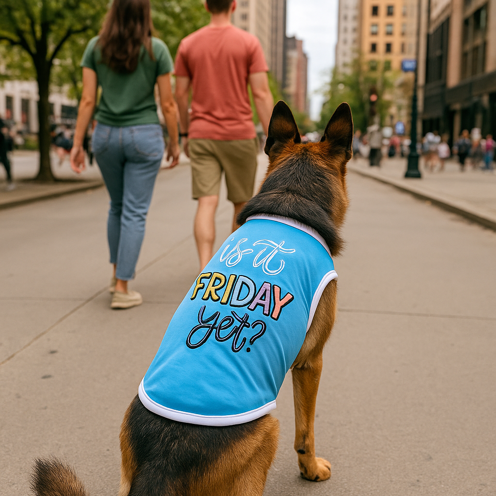 Parisian Pet Is It Friday Yet? Embroidered Dog T-Shirt  Trendy Weekend Dog Apparel for Dogs & Cats, Light Blue