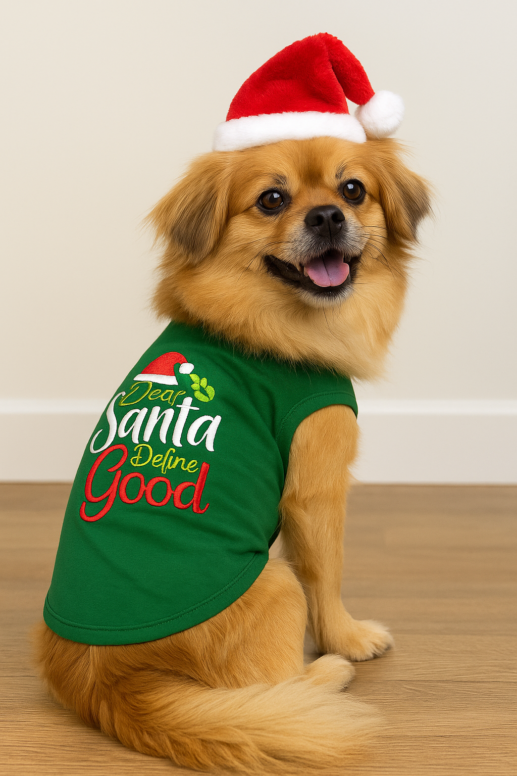 Parisian Pet Dear Santa Define Good Dog Christmas T-Shirt - Festive Pet Shirt for Cats & Dogs, Green