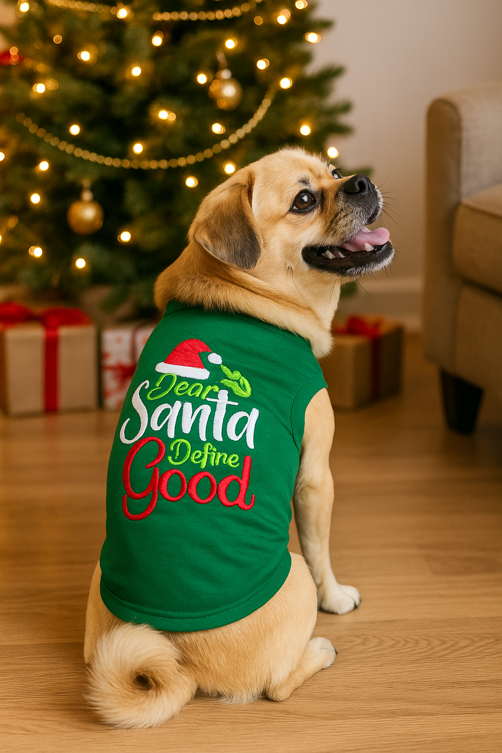 Parisian Pet Dear Santa Define Good Dog Christmas T-Shirt - Festive Pet Shirt for Cats & Dogs, Green